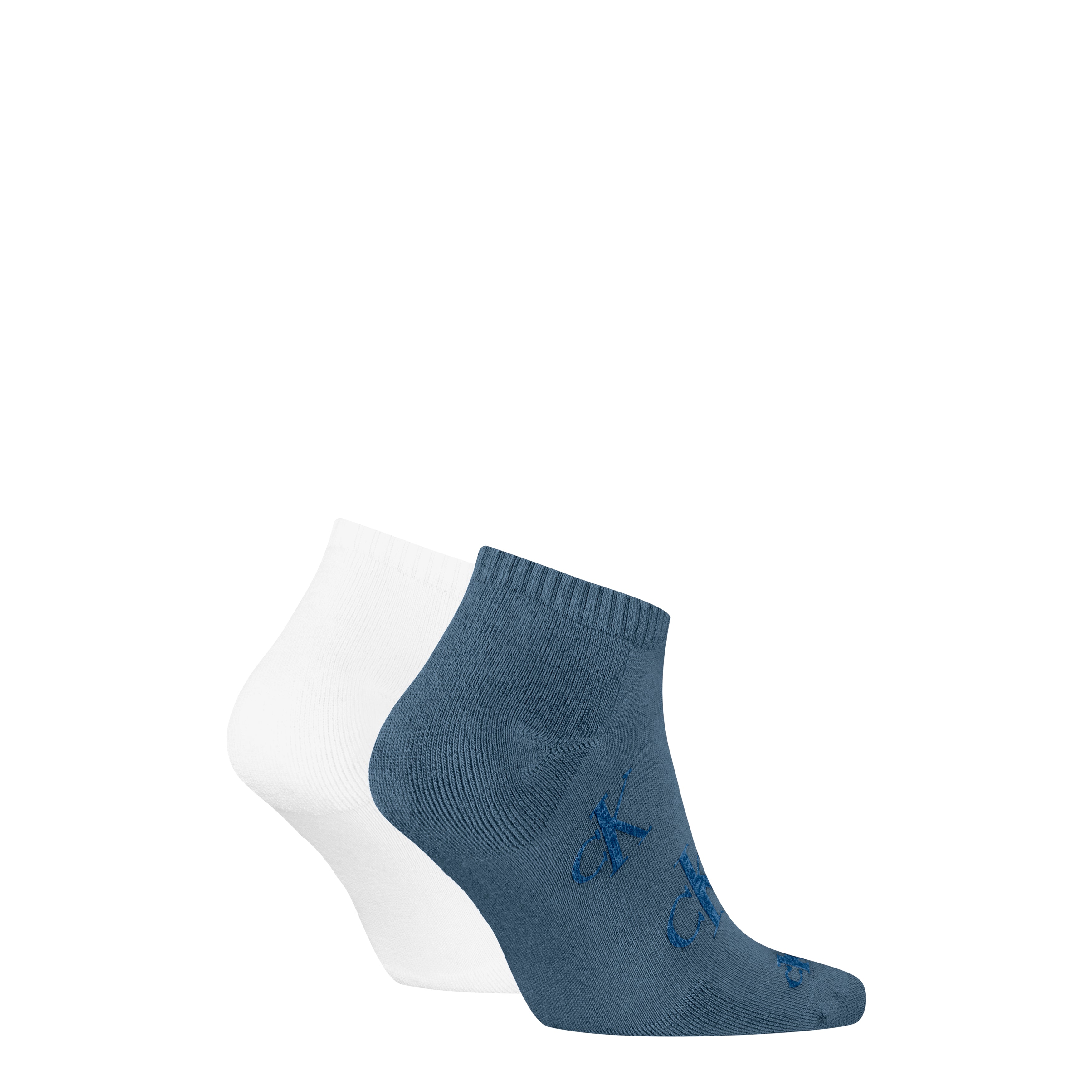 Calvin Klein 2 Pack Logo Trainer Mens Ankle Socks Blue/White side view showing blue and white colors with logo.