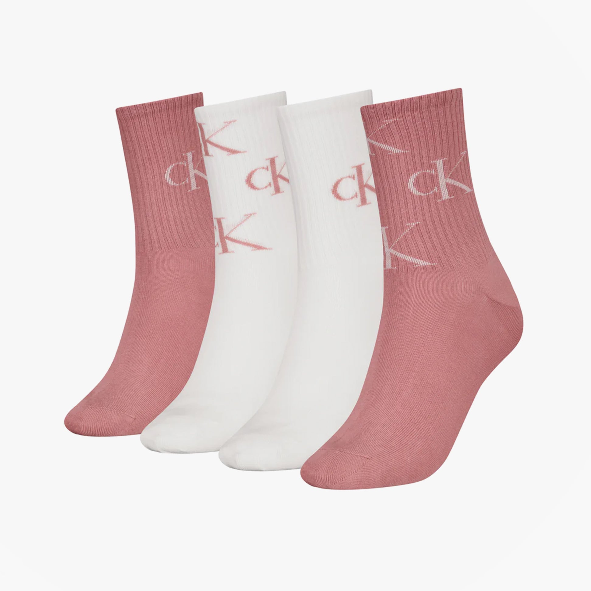Calvin Klein 4 Pack Giftboxed Trainer Womens Crew Socks Pink Combo side view displaying four colorful crew socks.