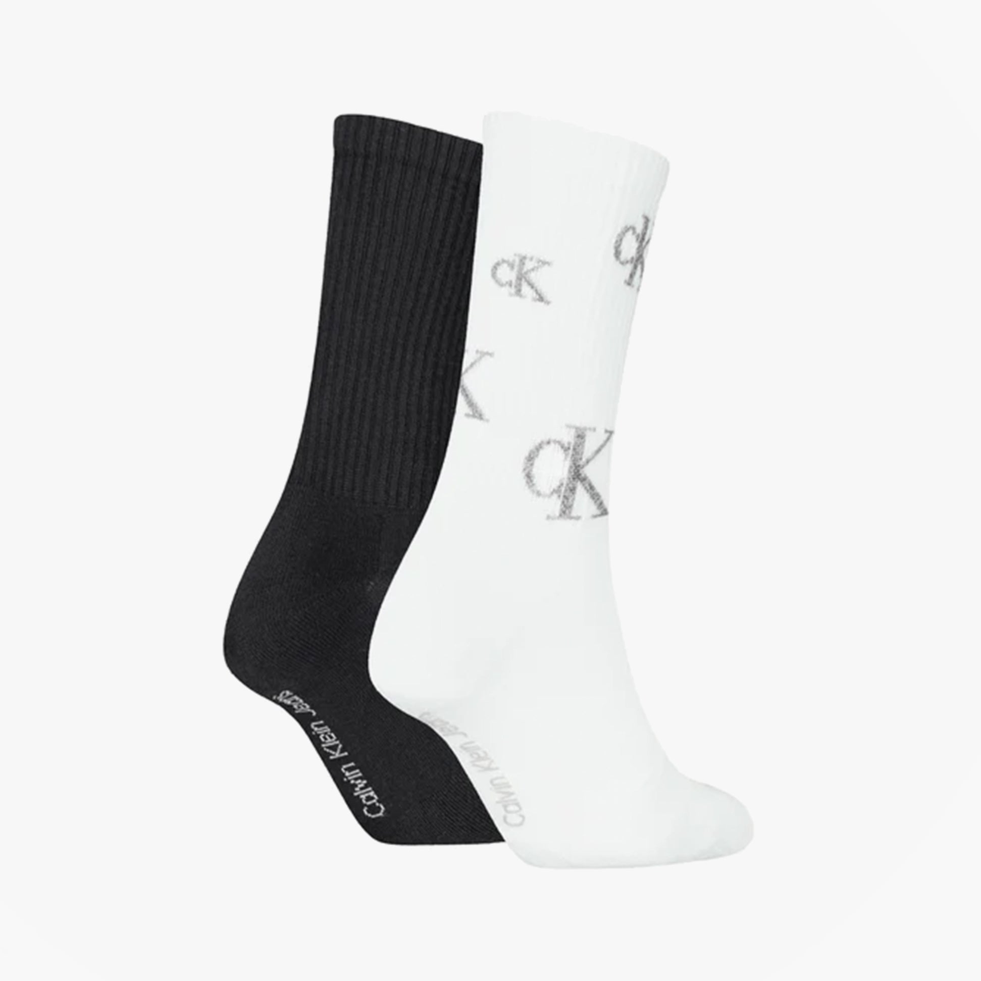 Calvin Klein 2 Pack Logo Trainer Womens Crew Socks Black/White side view showcasing black and white socks with logo.