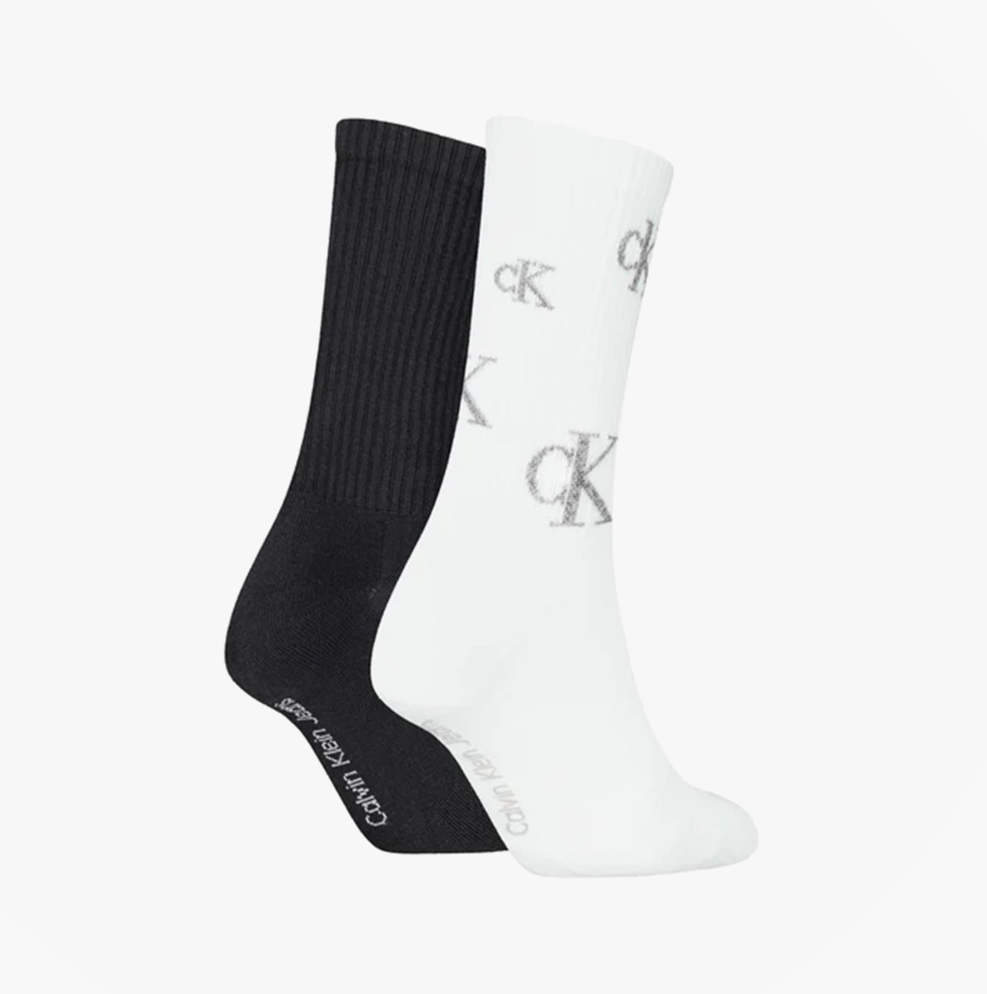 Calvin Klein 2 Pack Logo Trainer Womens Crew Socks Black/White side view showcasing black and white socks with logo.