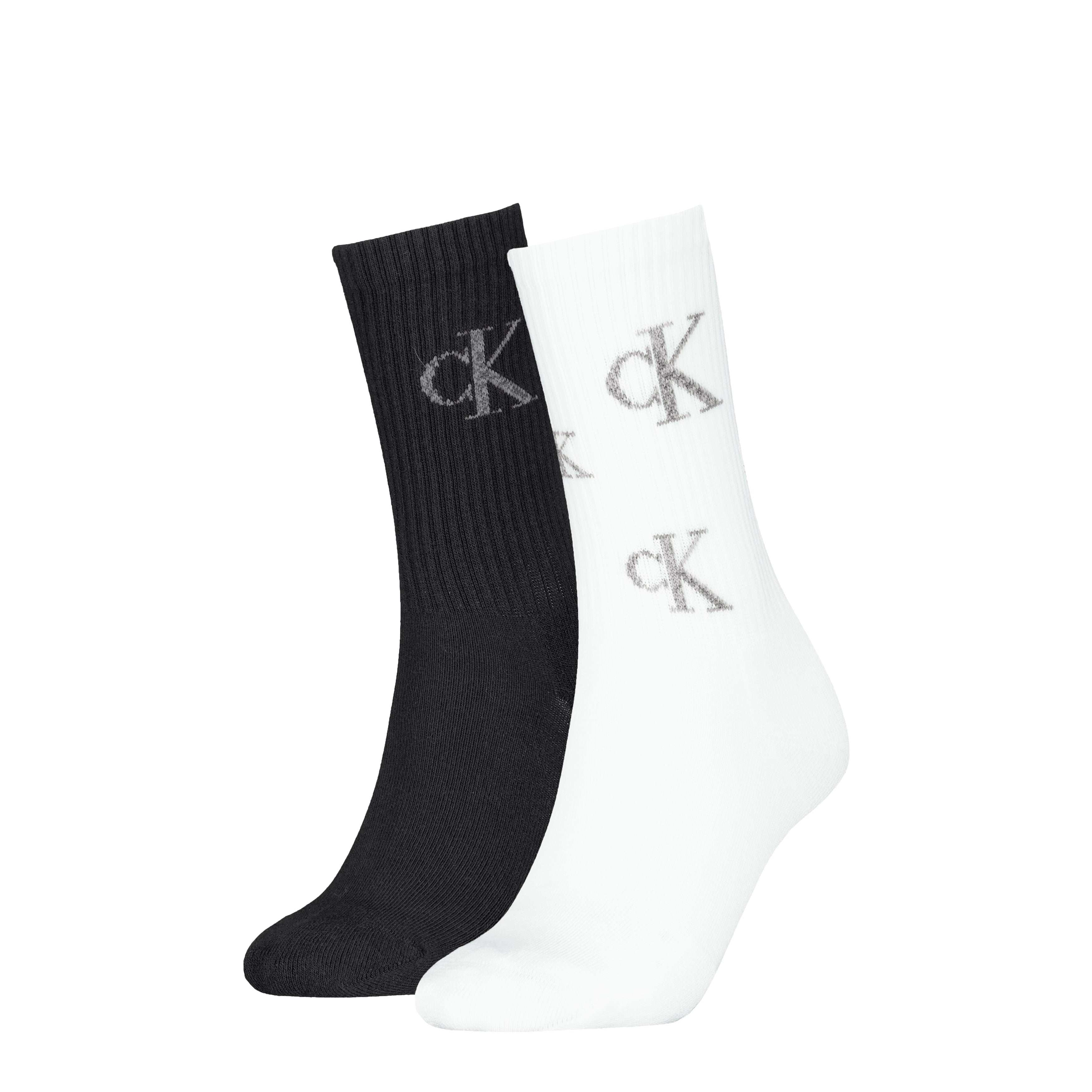 Calvin Klein 2 Pack Logo Trainer Womens Crew Socks Black/White side view showcasing black and white pairs with logo.