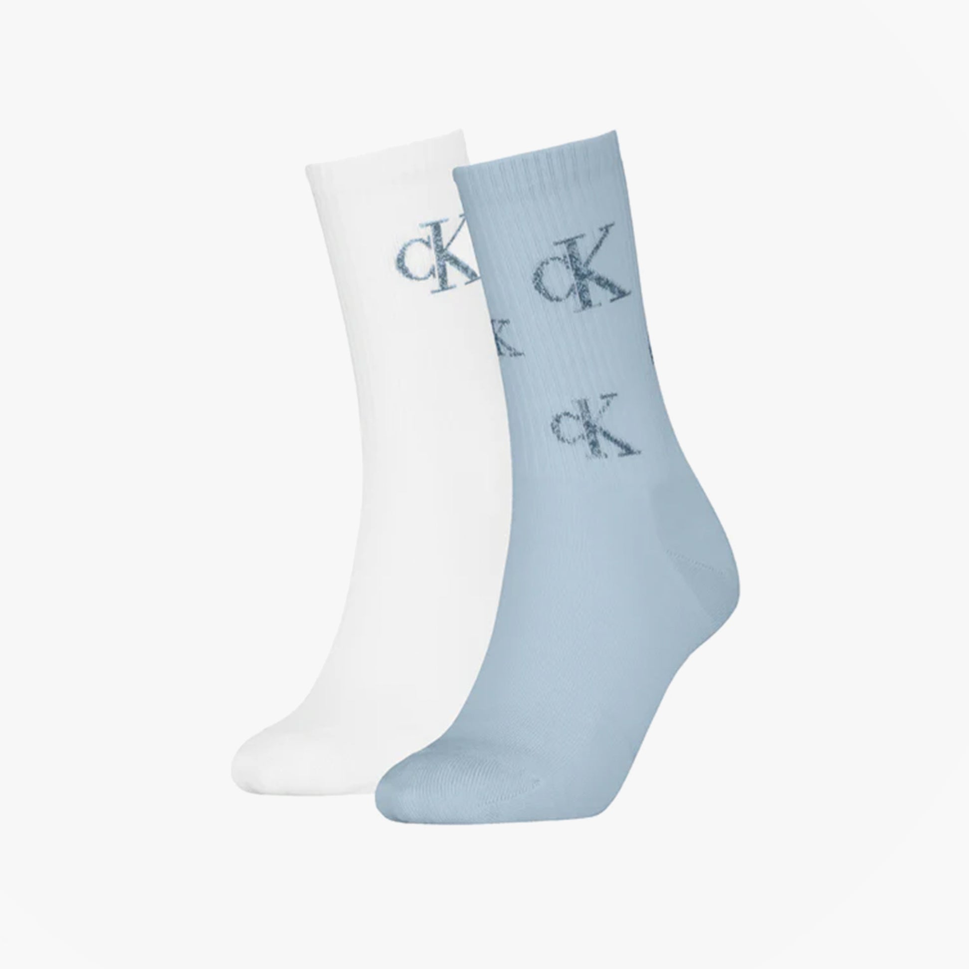 Calvin Klein 2 Pack Logo Trainer Womens Crew Socks Blue/White, front view showing blue and white socks with CK logo.