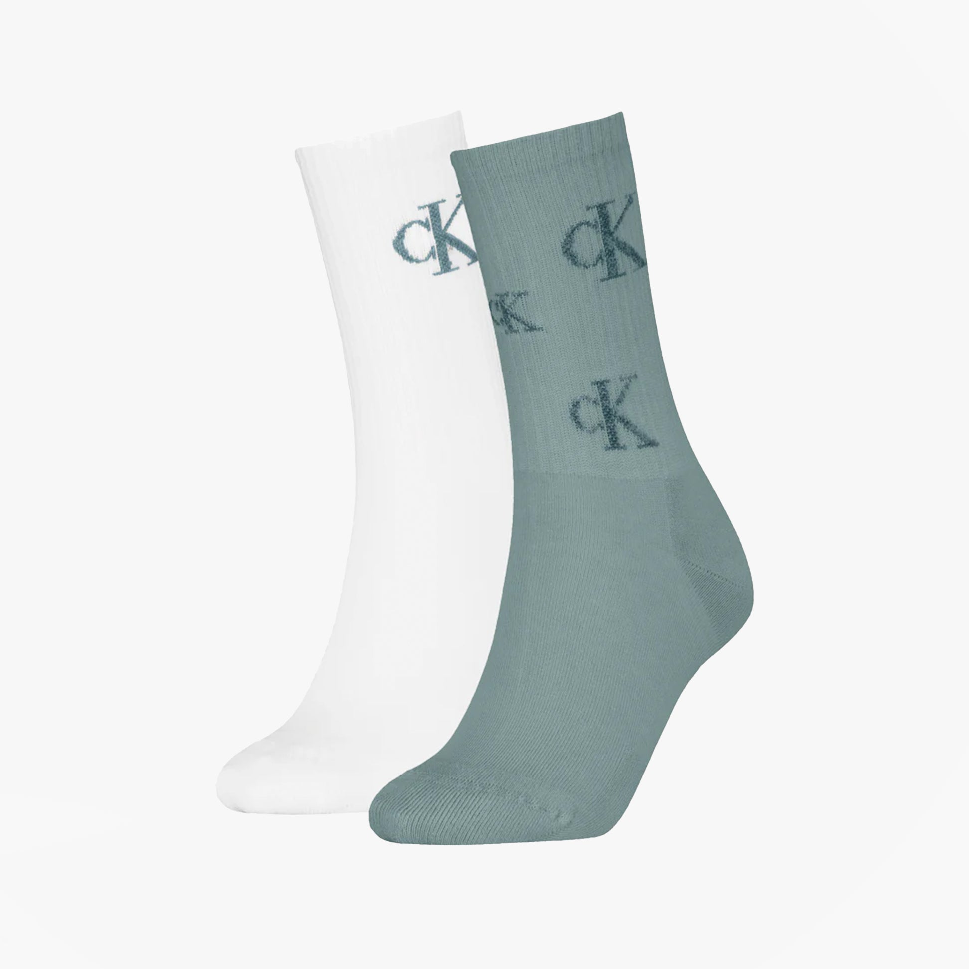 Calvin Klein 2 Pack Logo Trainer Womens Crew Socks Green/White side view showcasing green and white socks with logo design.