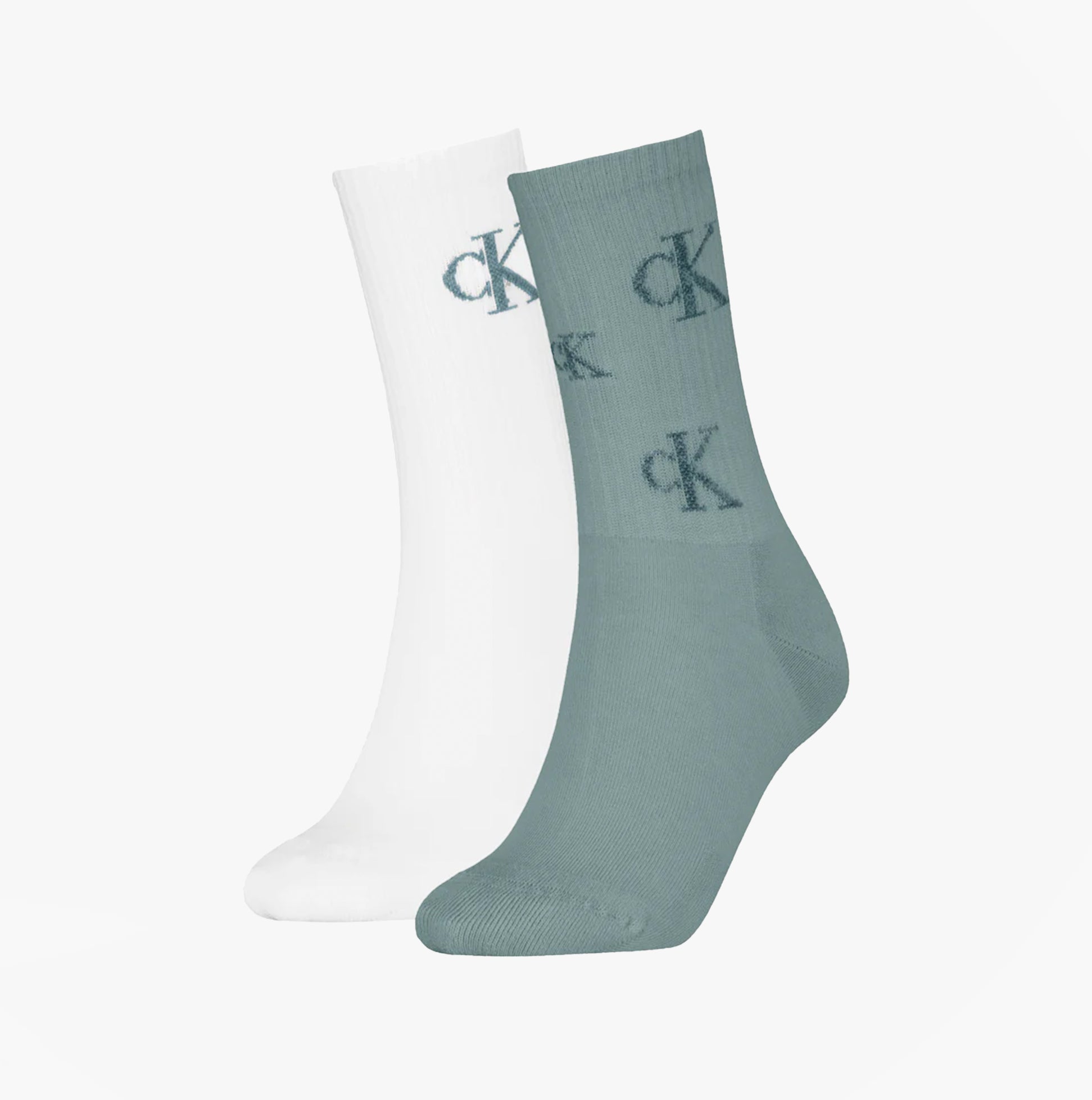 Calvin Klein 2 Pack Logo Trainer Womens Crew Socks Green/White side view showcasing green and white socks with logo design.