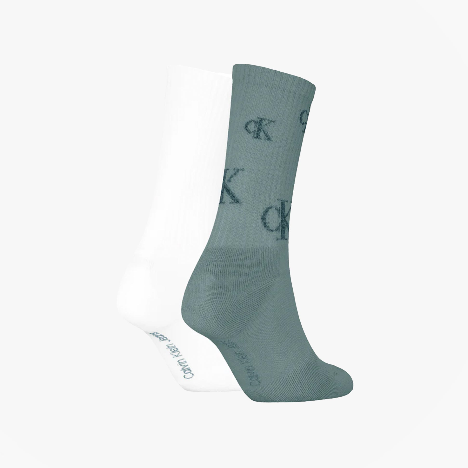 Calvin Klein 2 Pack Logo Trainer Womens Crew Socks Green/White side view showing green and white socks with logo design.