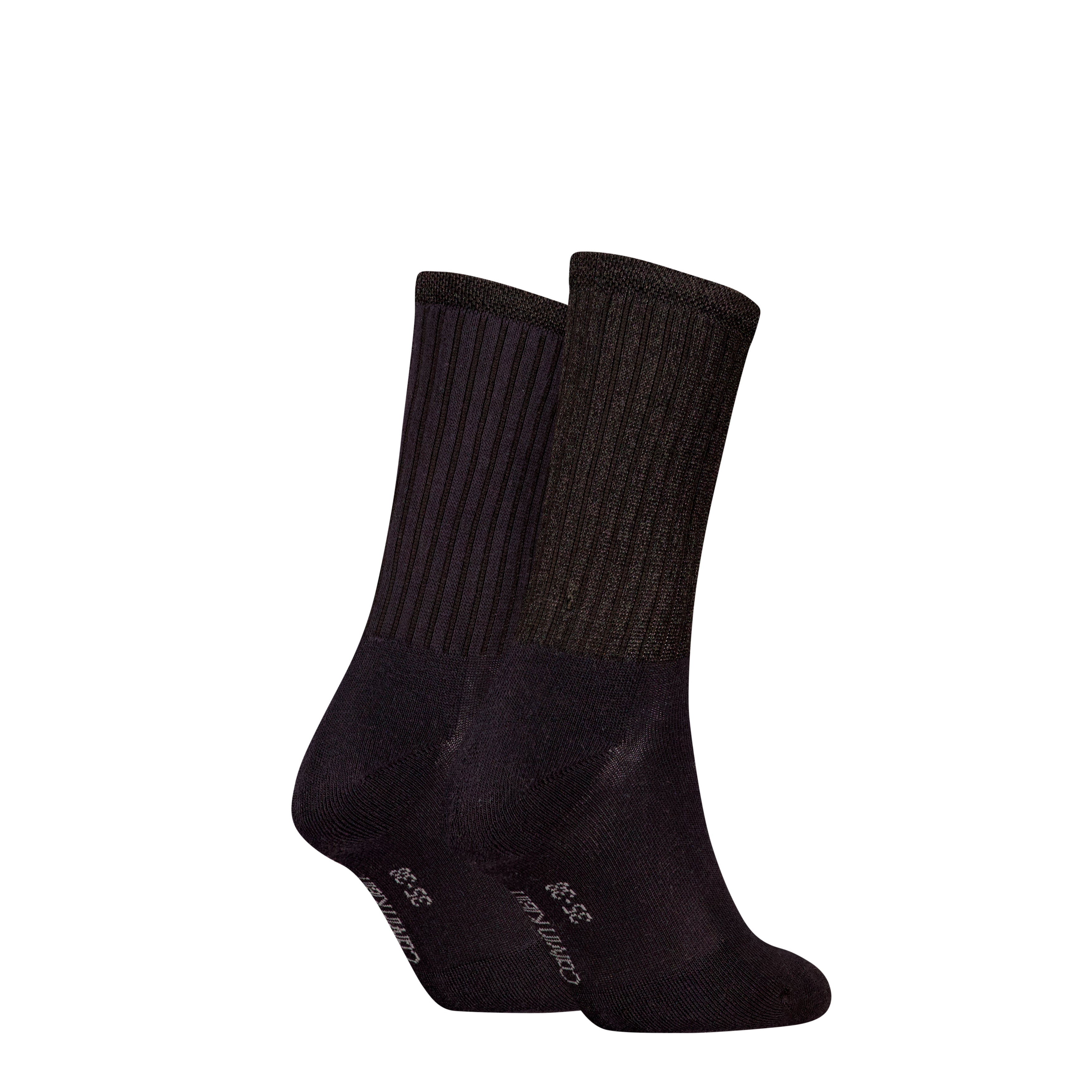 Calvin Klein 2 Pack Trainer Womens Crew Socks Black side view showing two pairs of stylish black crew socks.
