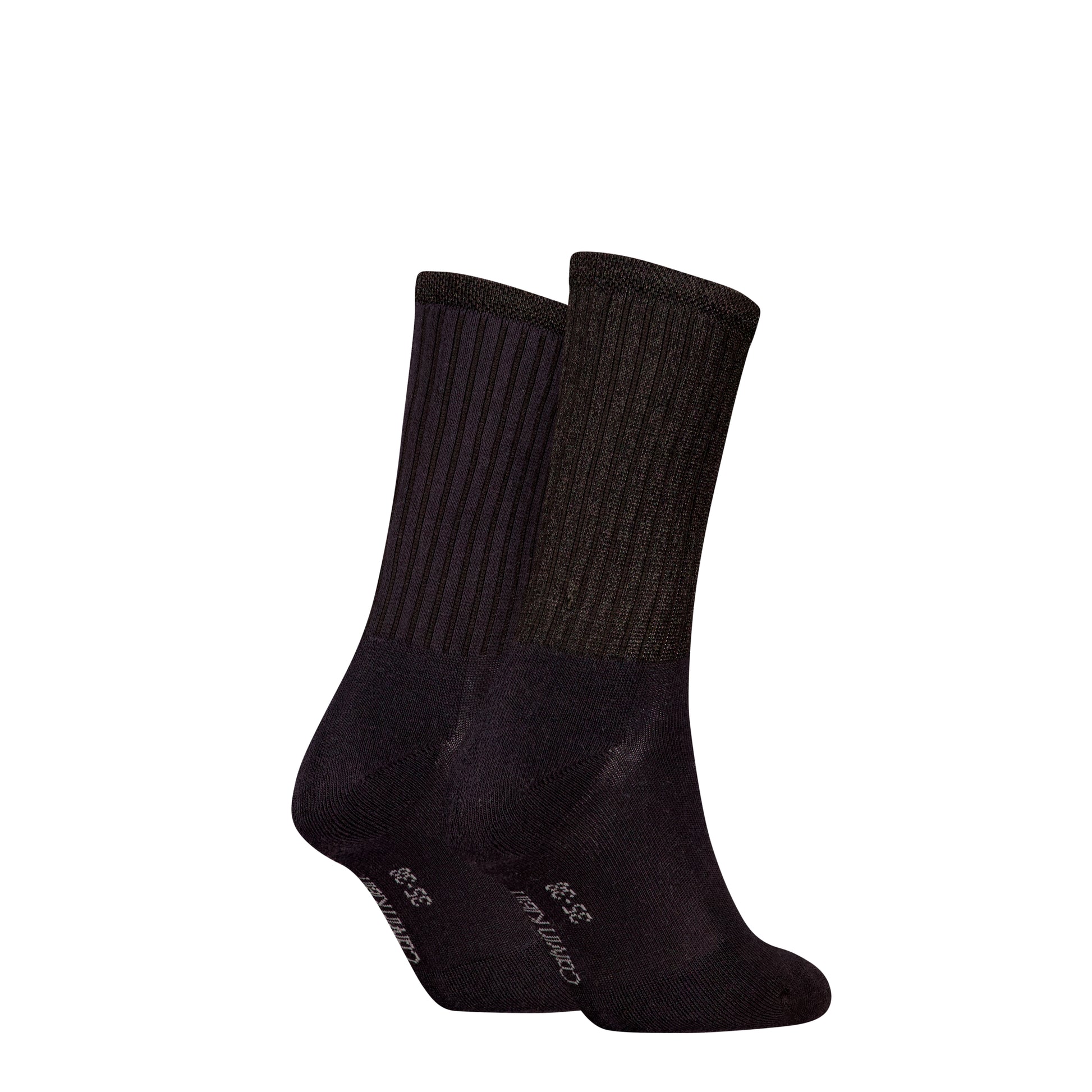 Calvin Klein 2 Pack Trainer Womens Crew Socks Black side view showing two pairs of stylish black crew socks.