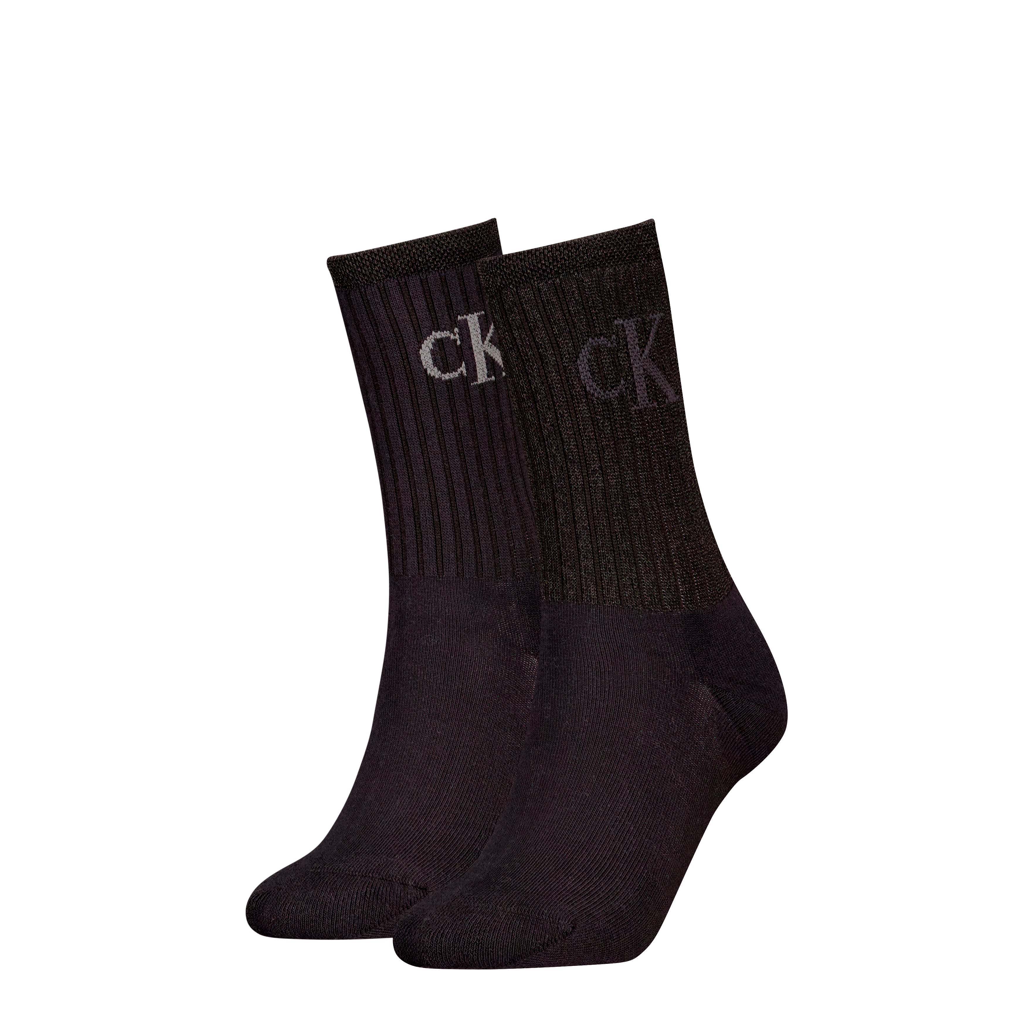Calvin Klein 2 Pack Trainer Womens Crew Socks Black, front view showcasing two pairs with CK logo.