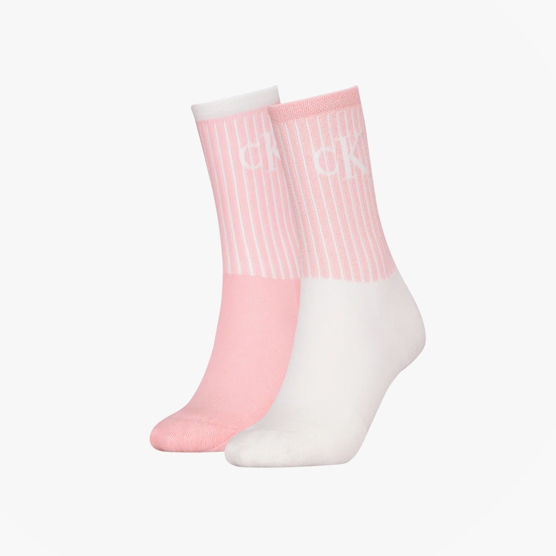 Calvin Klein 2 Pack Trainer Womens Crew Socks Pink front view showcasing pink and white colors with logo.
