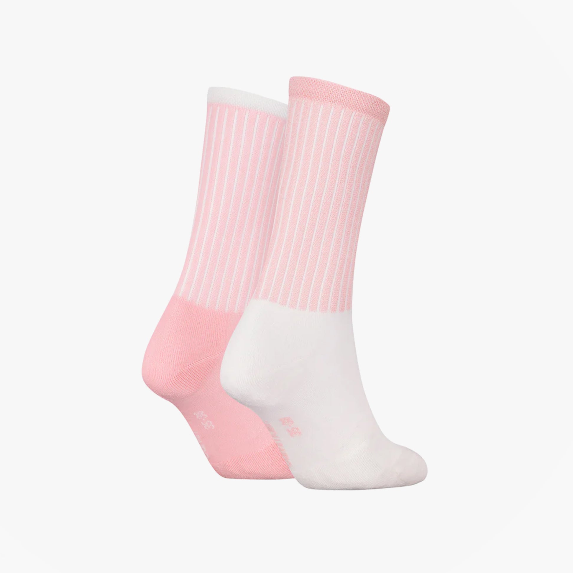 Calvin Klein 2 Pack Trainer Womens Crew Socks Pink side view showing pink and white striped design.