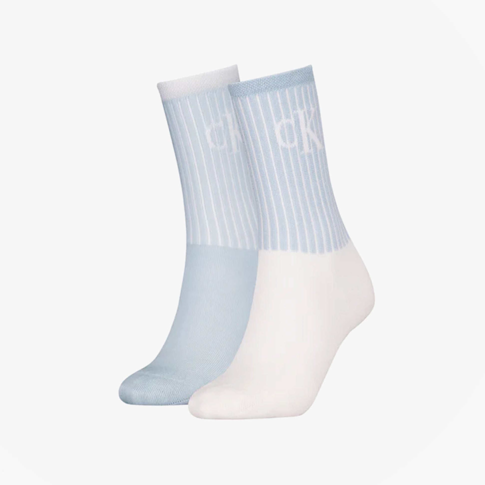 Calvin Klein 2 Pack Trainer Womens Crew Socks Blue side view featuring light blue and white with logo detail.