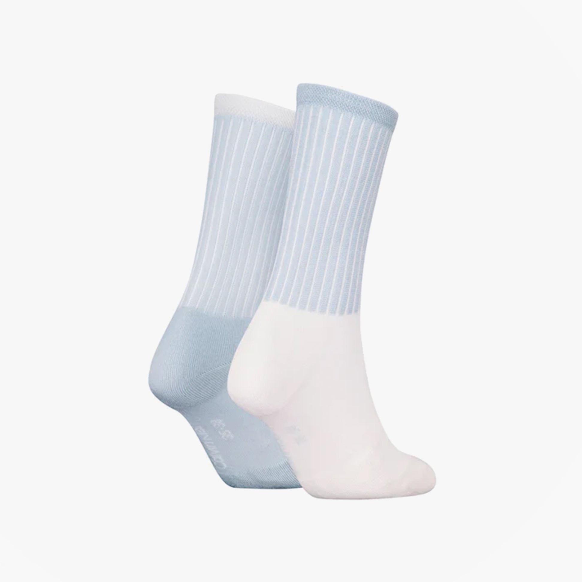 Calvin Klein 2 Pack Trainer Womens Crew Socks Blue side view showing blue and white striped design.