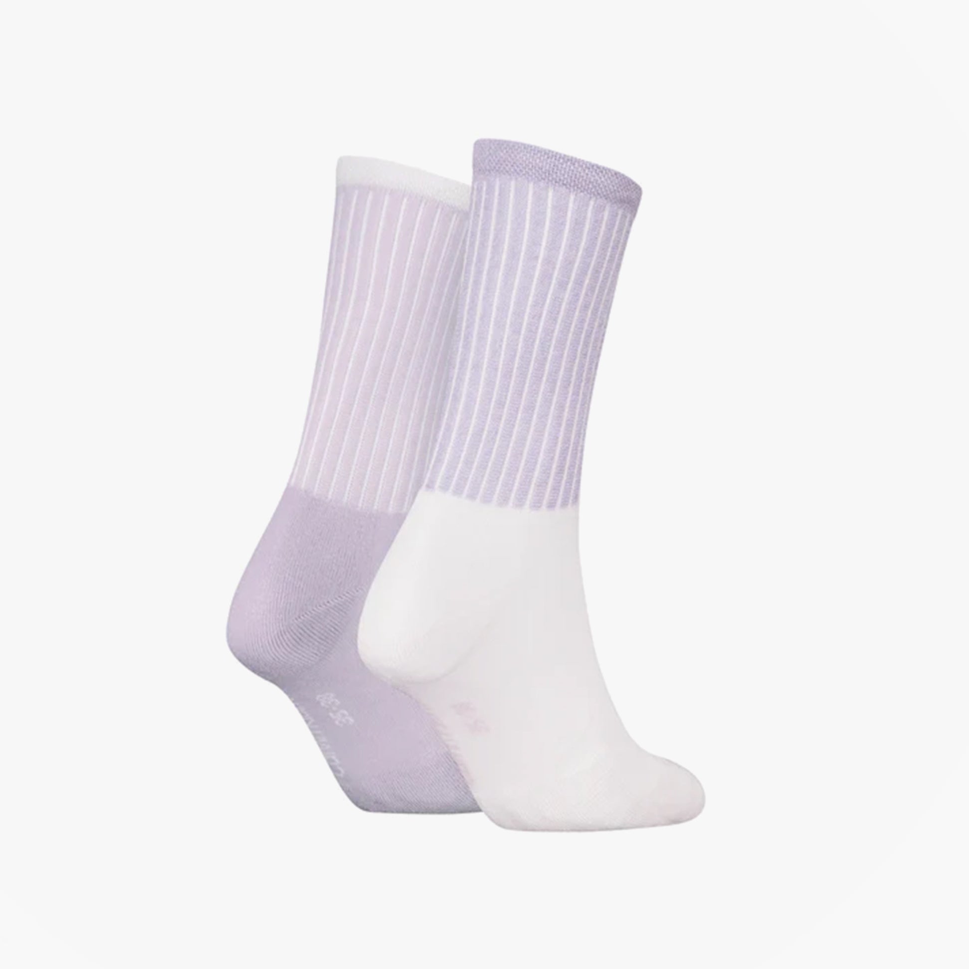 Calvin Klein 2 Pack Trainer Womens Crew Socks Lilac, side view showing ribbed lilac and white design.