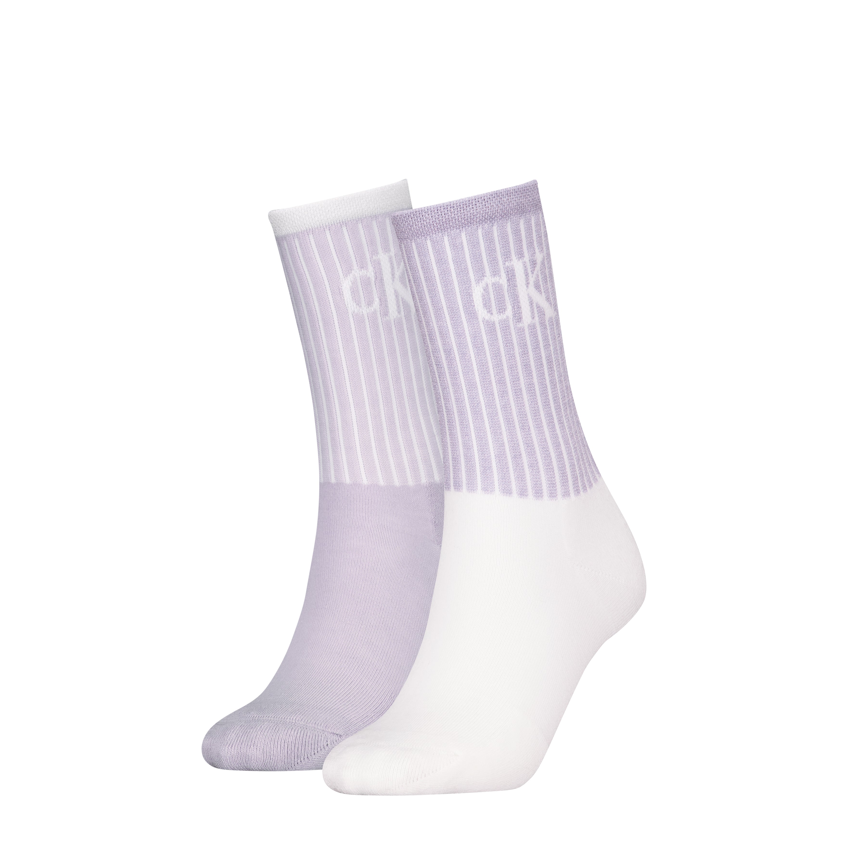 Calvin Klein 2 Pack Trainer Womens Crew Socks Lilac side view showing lilac and white striped design