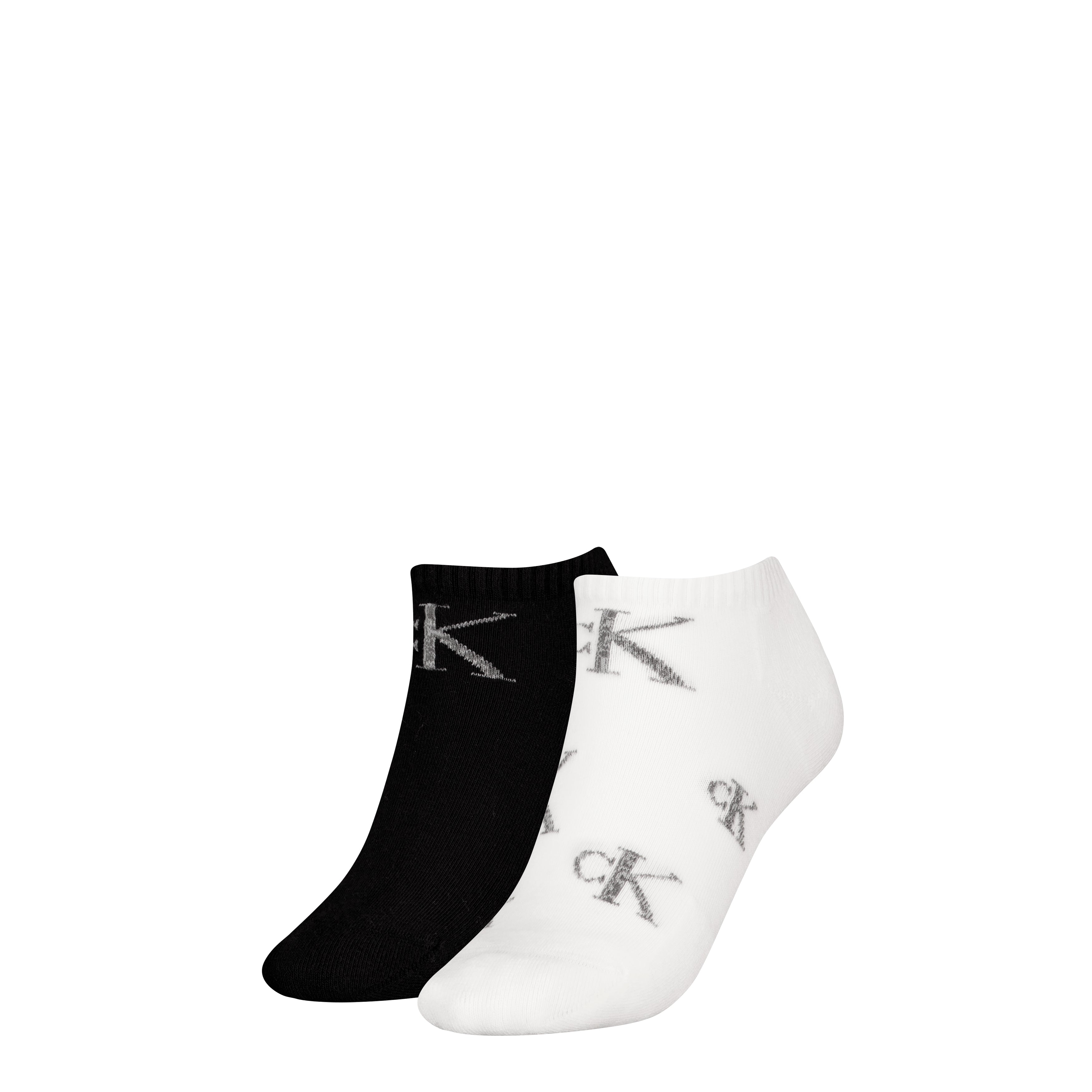 Calvin Klein 2 Pack Trainer Womens Ankle Socks White/Black side view showing one black and one white sock with CK logo.