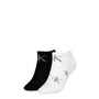 Calvin Klein 2 Pack Trainer Womens Ankle Socks White/Black side view showing one black and one white sock with CK logo.