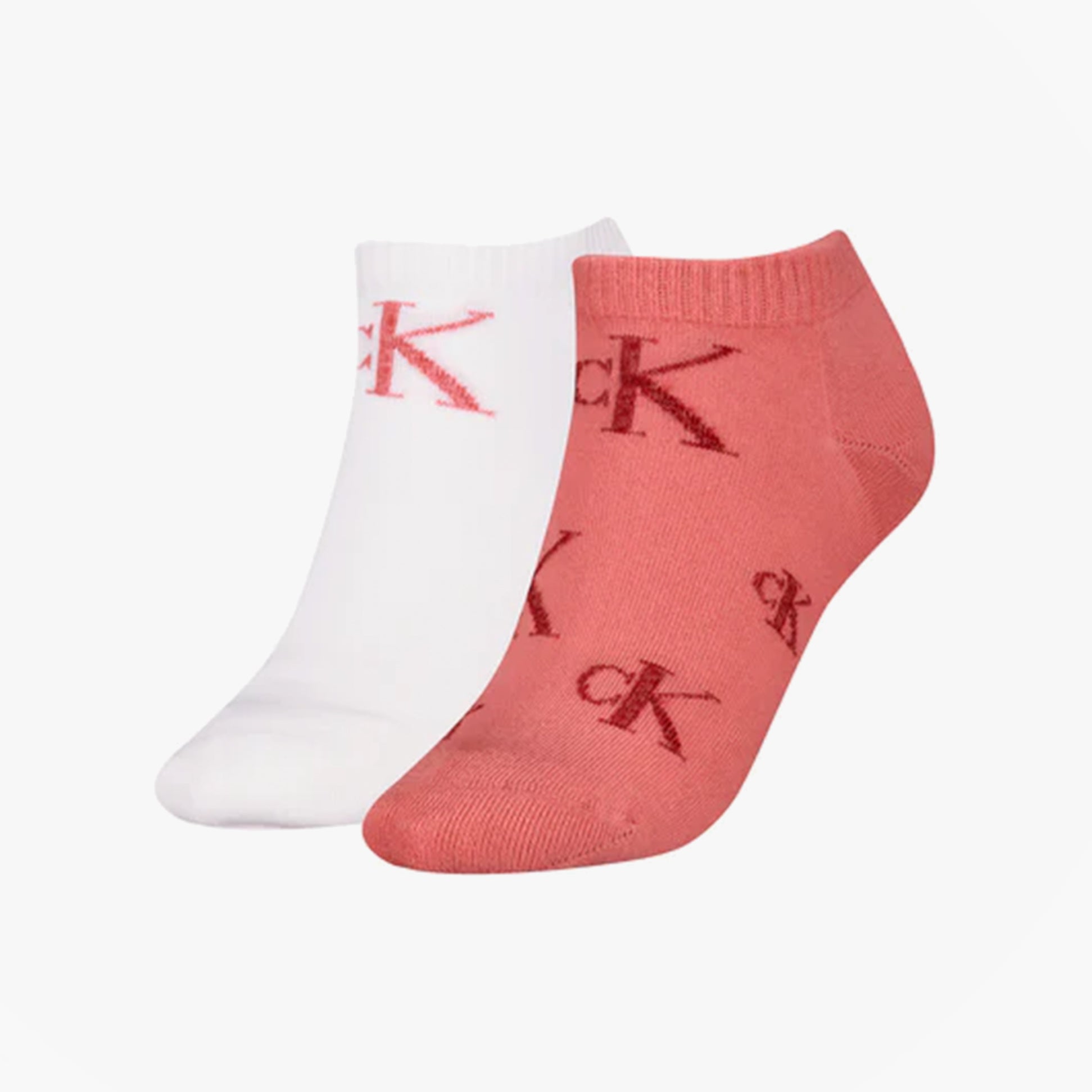 Calvin Klein 2 Pack Trainer Womens Ankle Socks Pink/White side view displaying pink and white socks with logo.