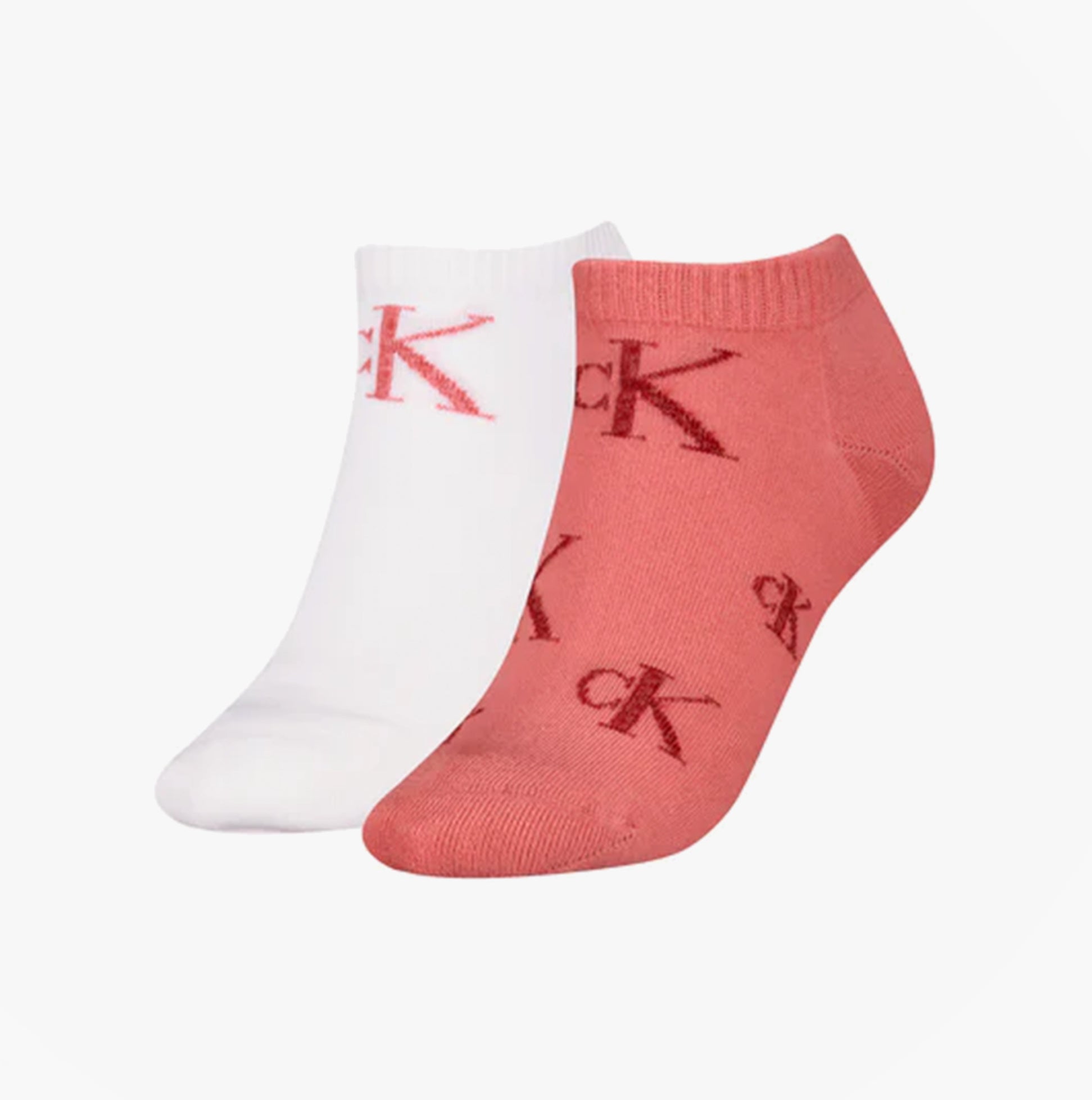 Calvin Klein 2 Pack Trainer Womens Ankle Socks Pink/White side view displaying pink and white socks with logo.