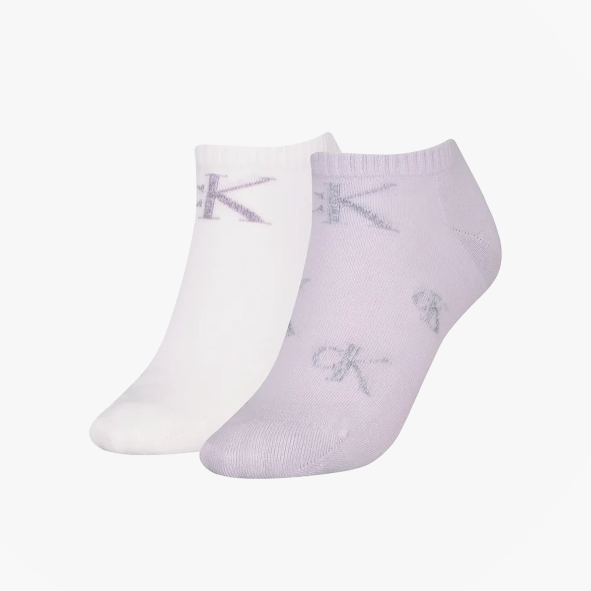 Calvin Klein 2 Pack Trainer Womens Ankle Socks Lilac/White side view showcasing lilac and white designs.