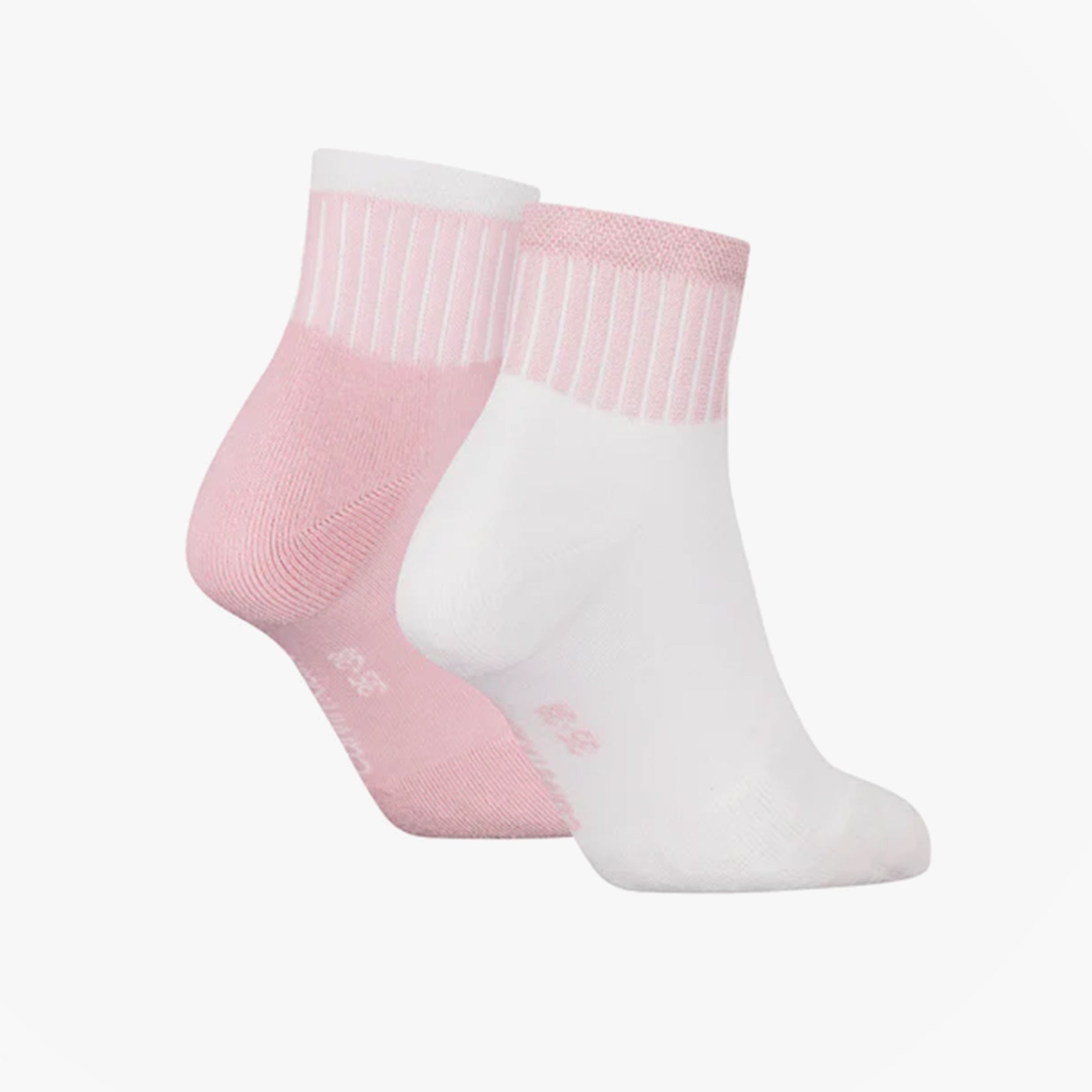Calvin Klein 2 Pack Trainer Womens Ankle Socks Pink/White side view displaying both pink and white colors with ribbed cuffs.