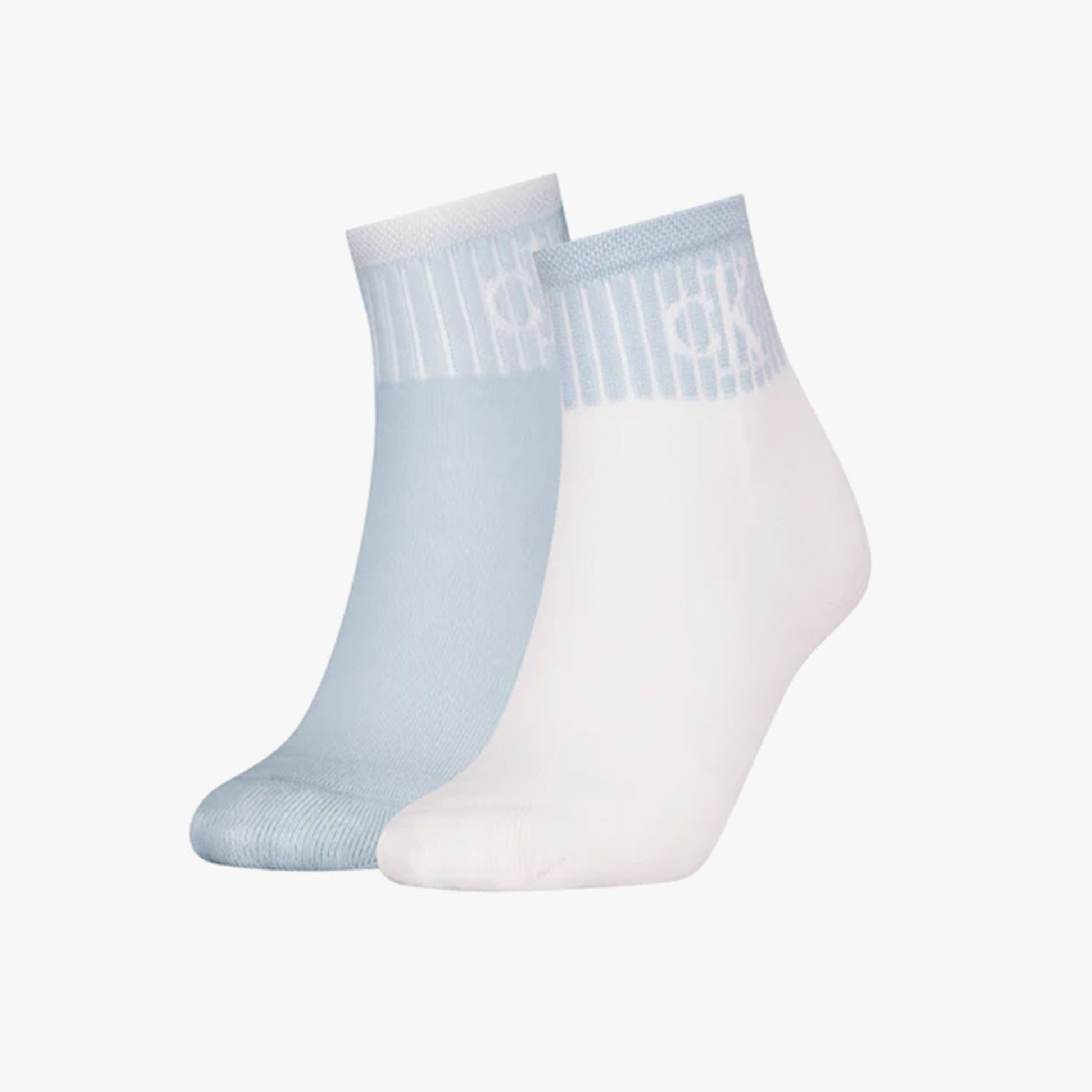 Calvin Klein 2 Pack Trainer Womens Ankle Socks Blue/White side view showcasing the blue and white pairs.