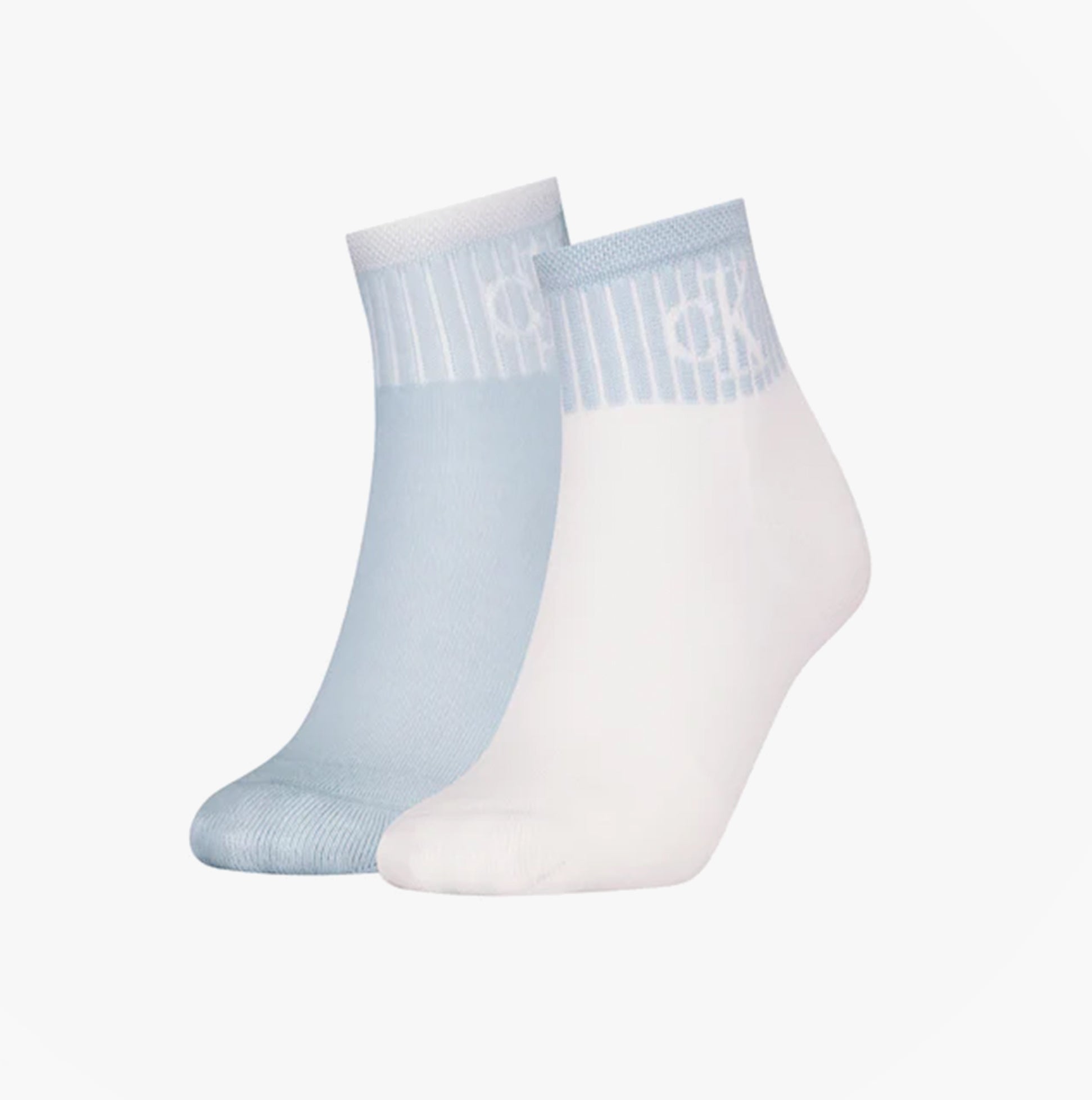 Calvin Klein 2 Pack Trainer Womens Ankle Socks Blue/White side view showcasing the blue and white pairs.