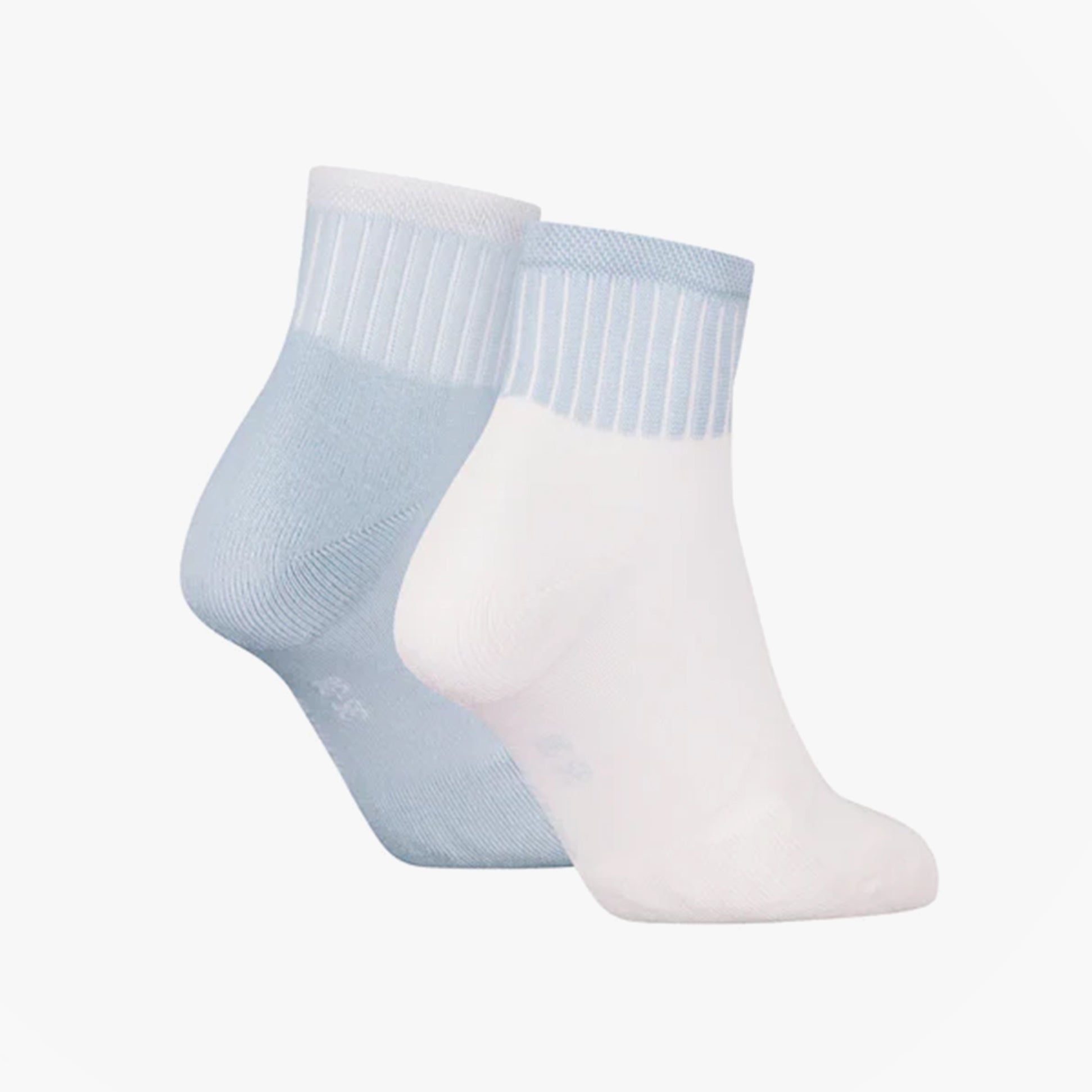 Calvin Klein 2 Pack Trainer Womens Ankle Socks Blue/White side view showing blue and white socks with ribbed cuff.