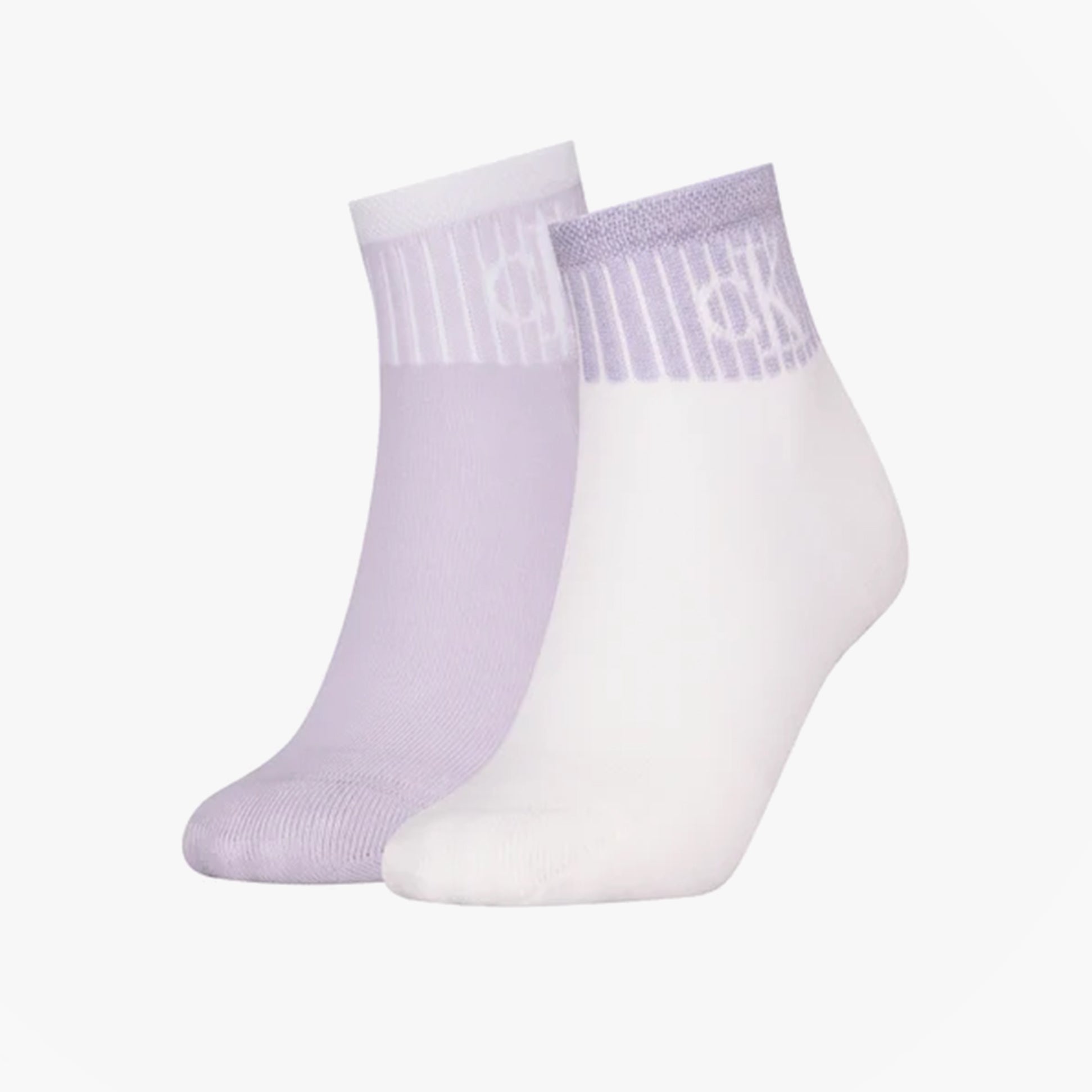 Calvin Klein 2 Pack Trainer Womens Ankle Socks Lilac/White side view showcasing lilac and white designs.