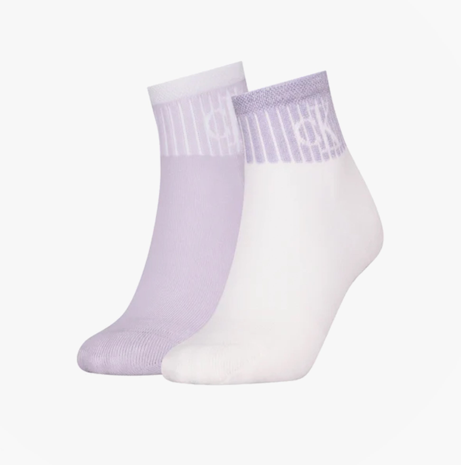Calvin Klein 2 Pack Trainer Womens Ankle Socks Lilac/White side view showcasing lilac and white designs.