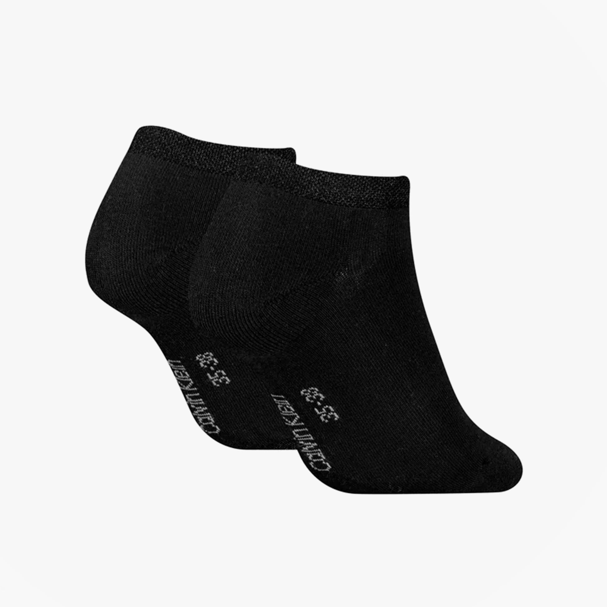 Calvin Klein 2 Pack Trainer Womens Ankle Socks Black side view showing two pairs of black ankle socks.