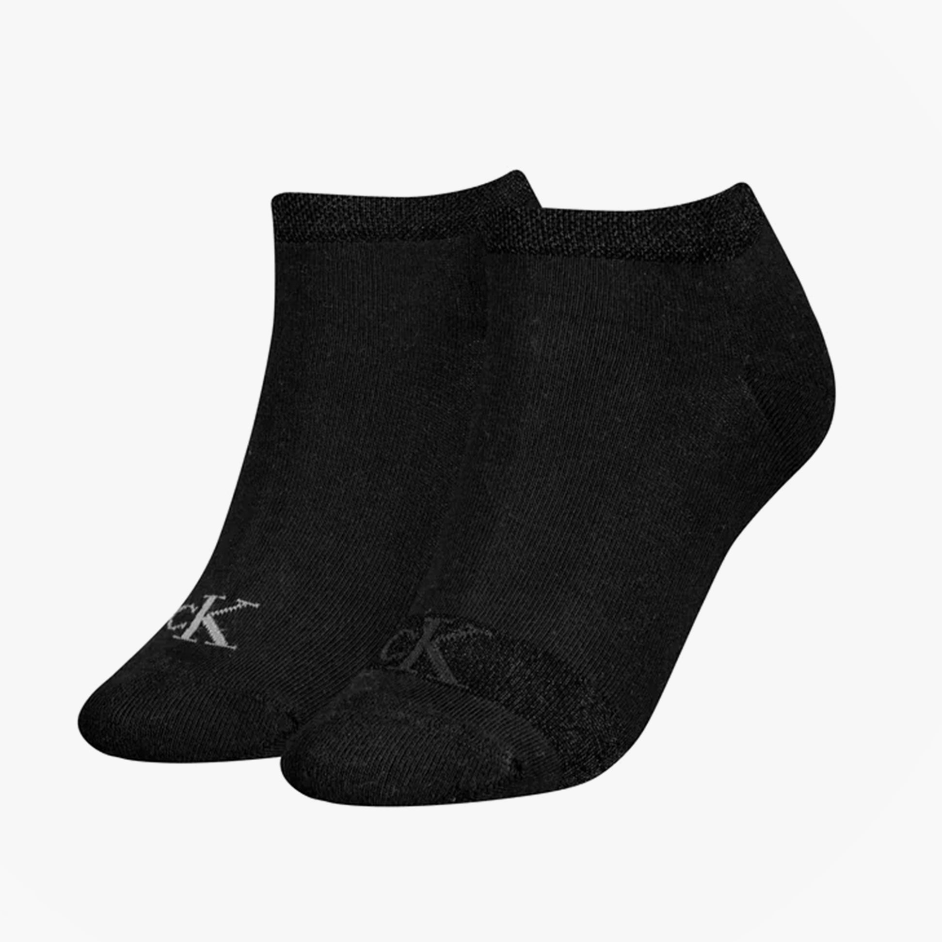 Calvin Klein 2 Pack Trainer Womens Ankle Socks Black side view showing two pairs of sleek black socks with logo.