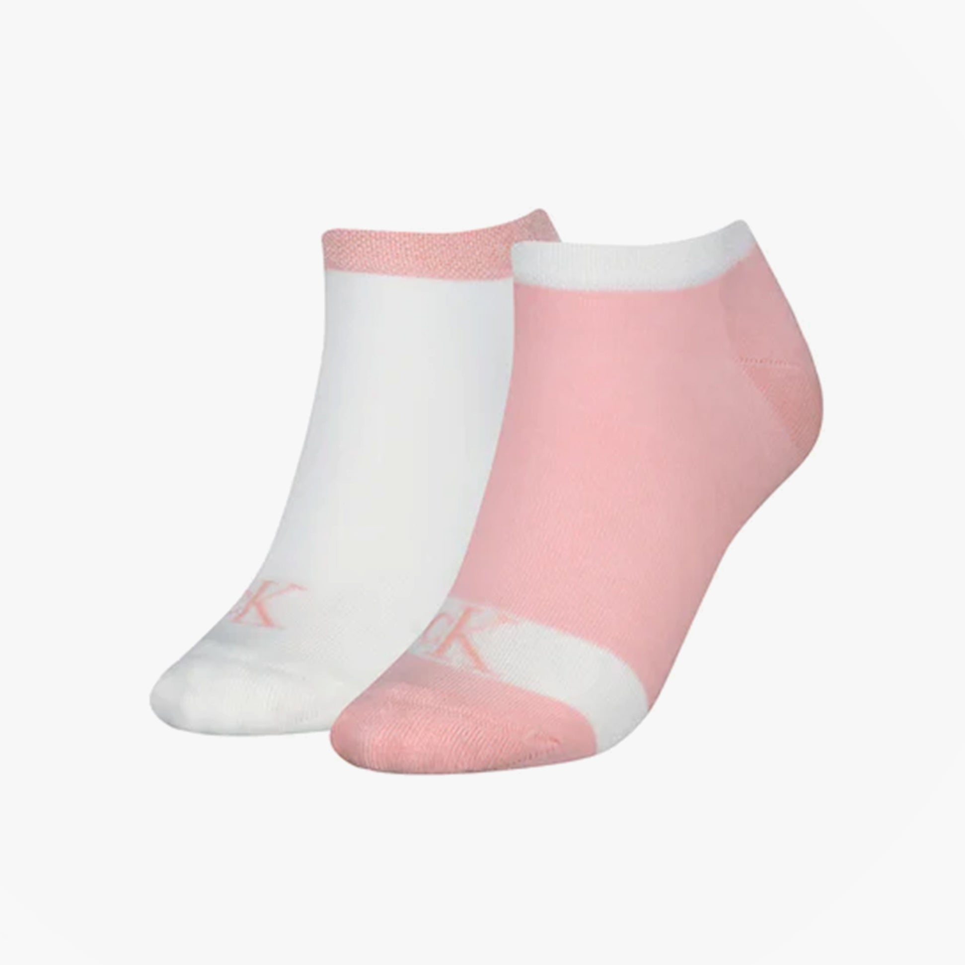 Calvin Klein 2 Pack Trainer Womens Ankle Socks Pink/White side view showcasing pink and white socks with brand logo.