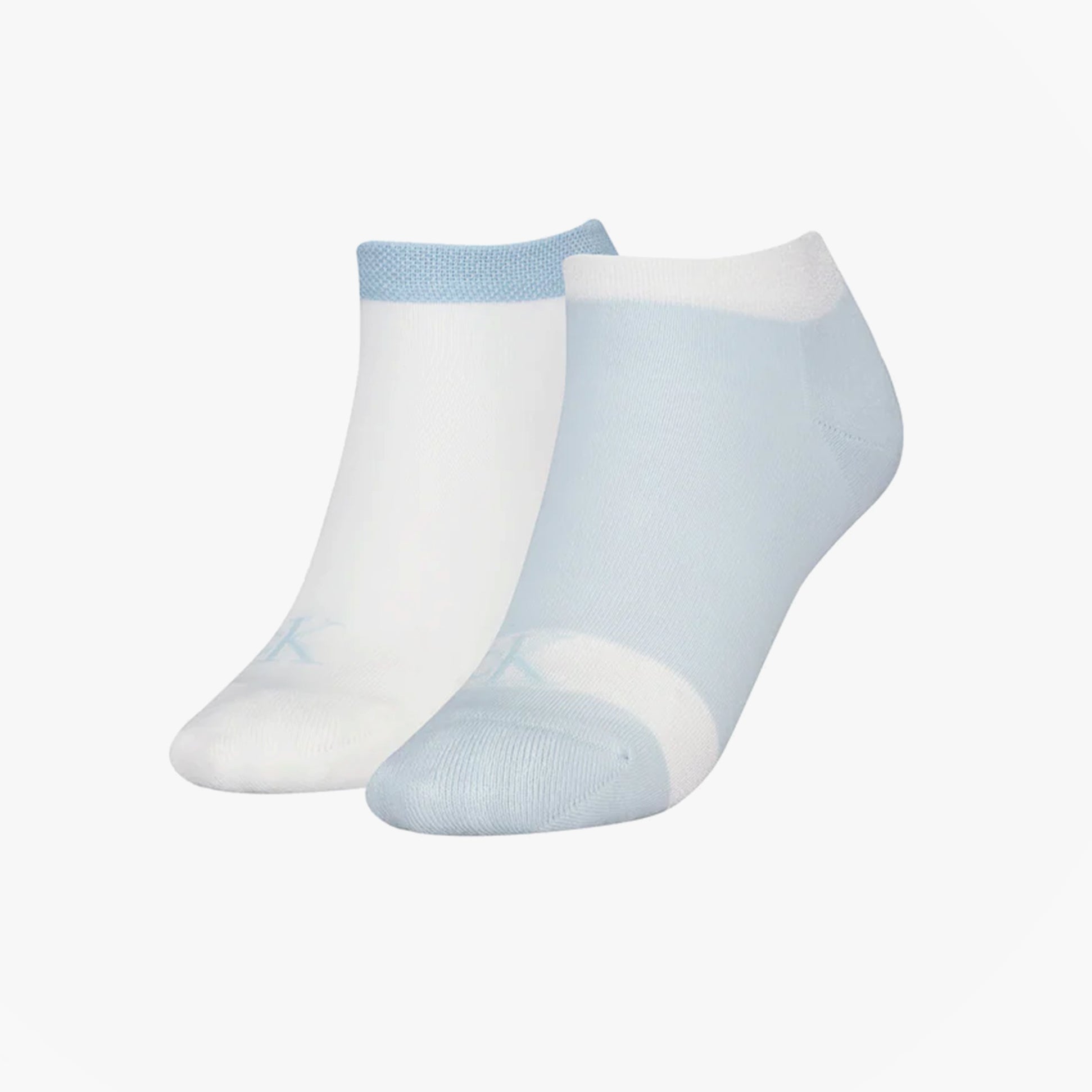 Calvin Klein 2 Pack Trainer Womens Ankle Socks Blue/White front view showcasing cotton and elastic blend.