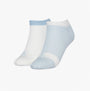 Calvin Klein 2 Pack Trainer Womens Ankle Socks Blue/White front view showcasing cotton and elastic blend.