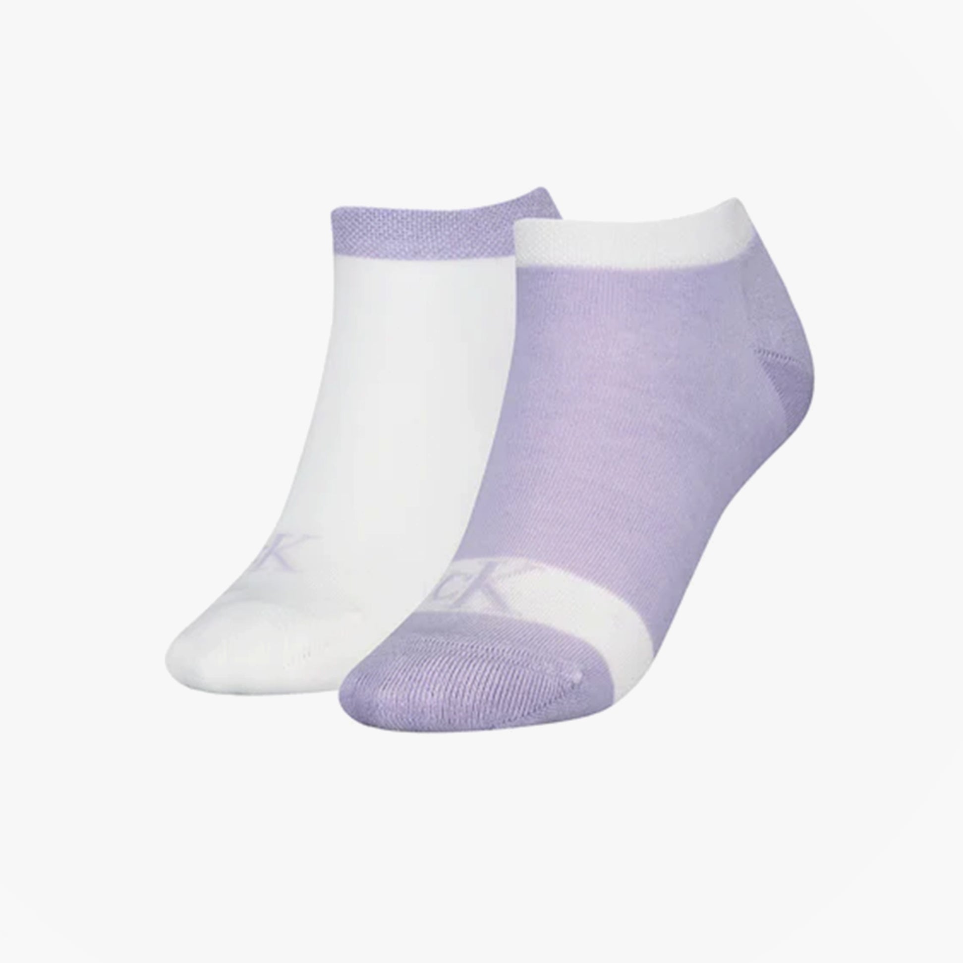 Calvin Klein 2 Pack Trainer Womens Ankle Socks Lilac/White front view showcasing two different colored socks.