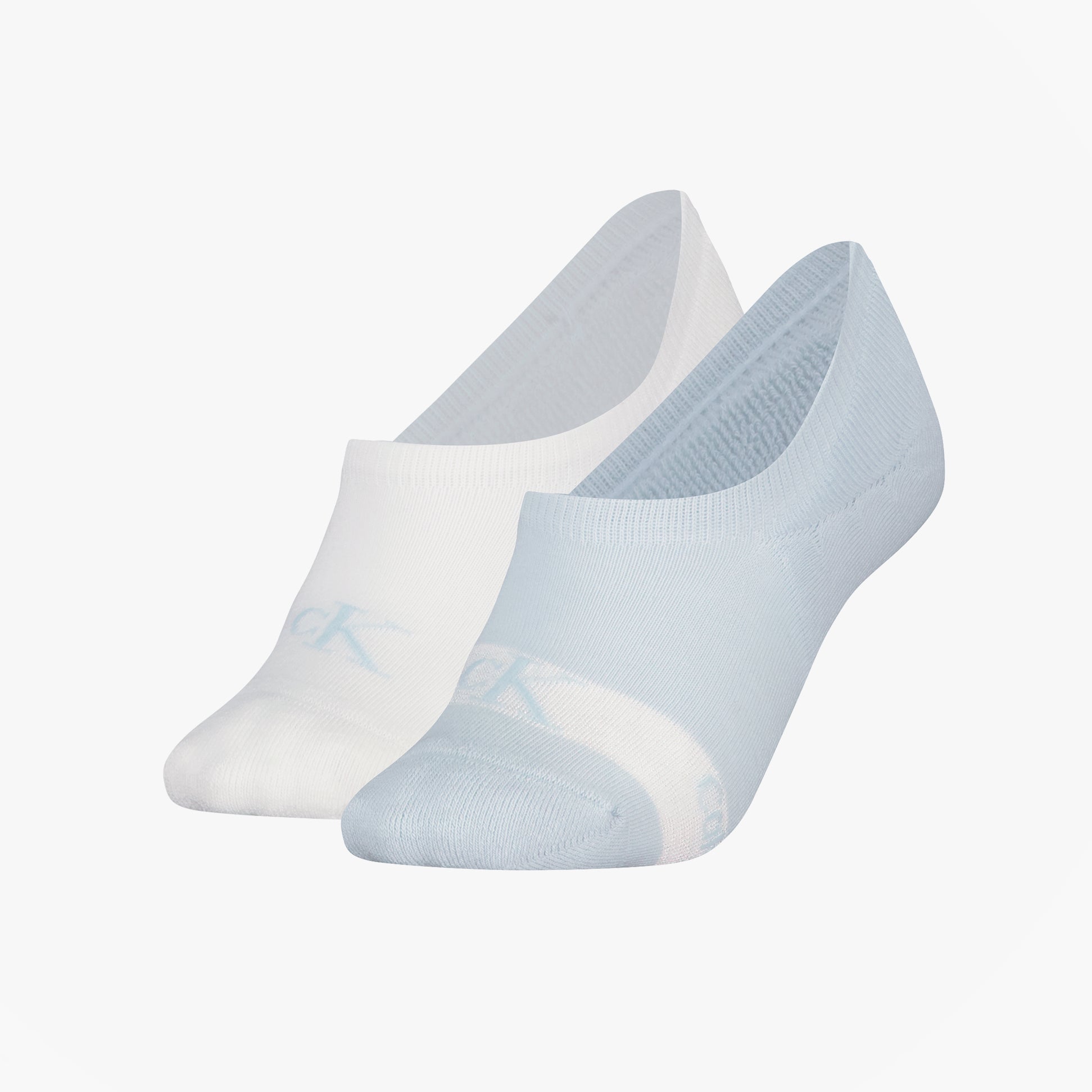 Calvin Klein 2 Pack Womens Invisible Socks Blue/White front view displaying one blue and one white sock.