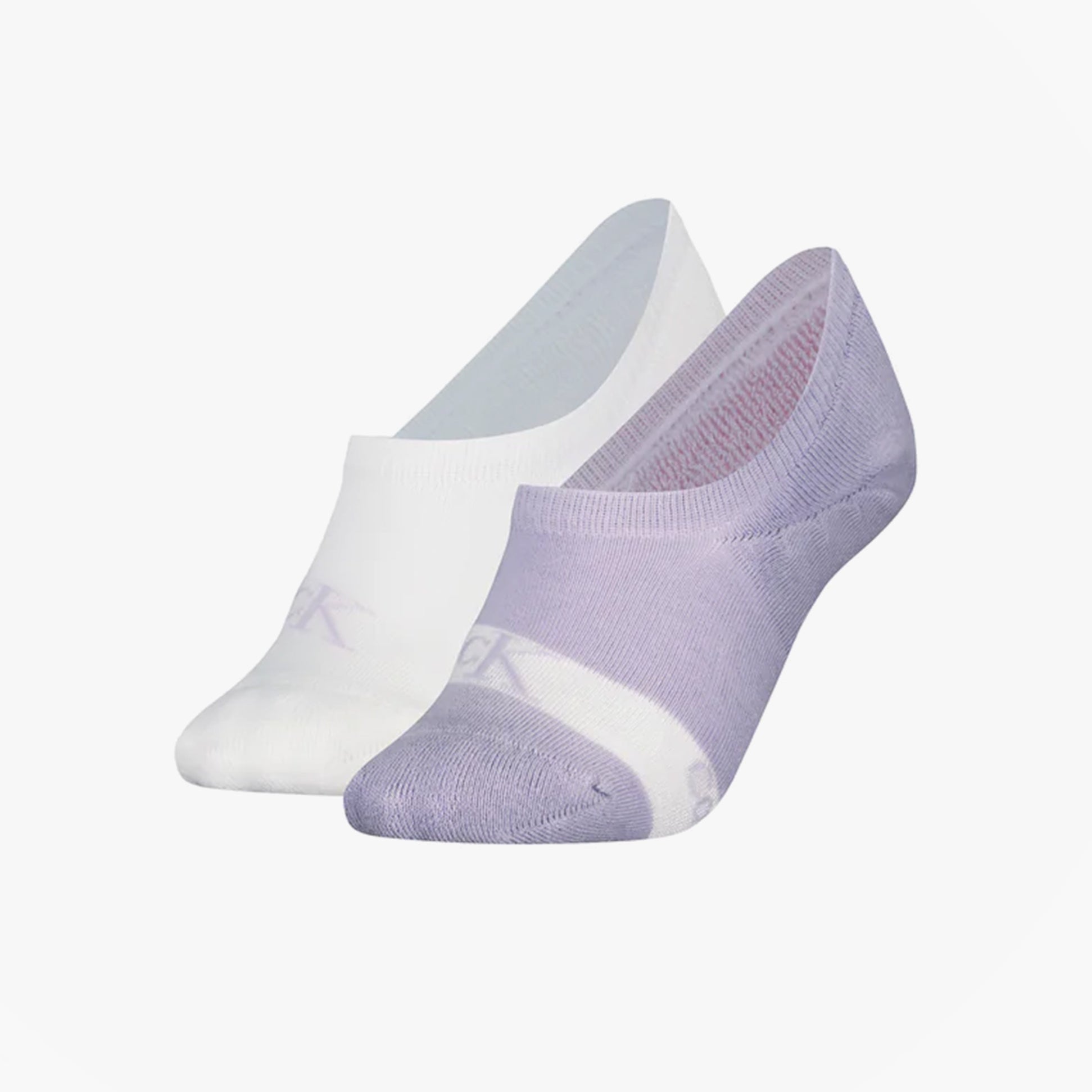 Calvin Klein 2 Pack Womens Invisible Socks Lilac/White front view showing lilac and white color options.