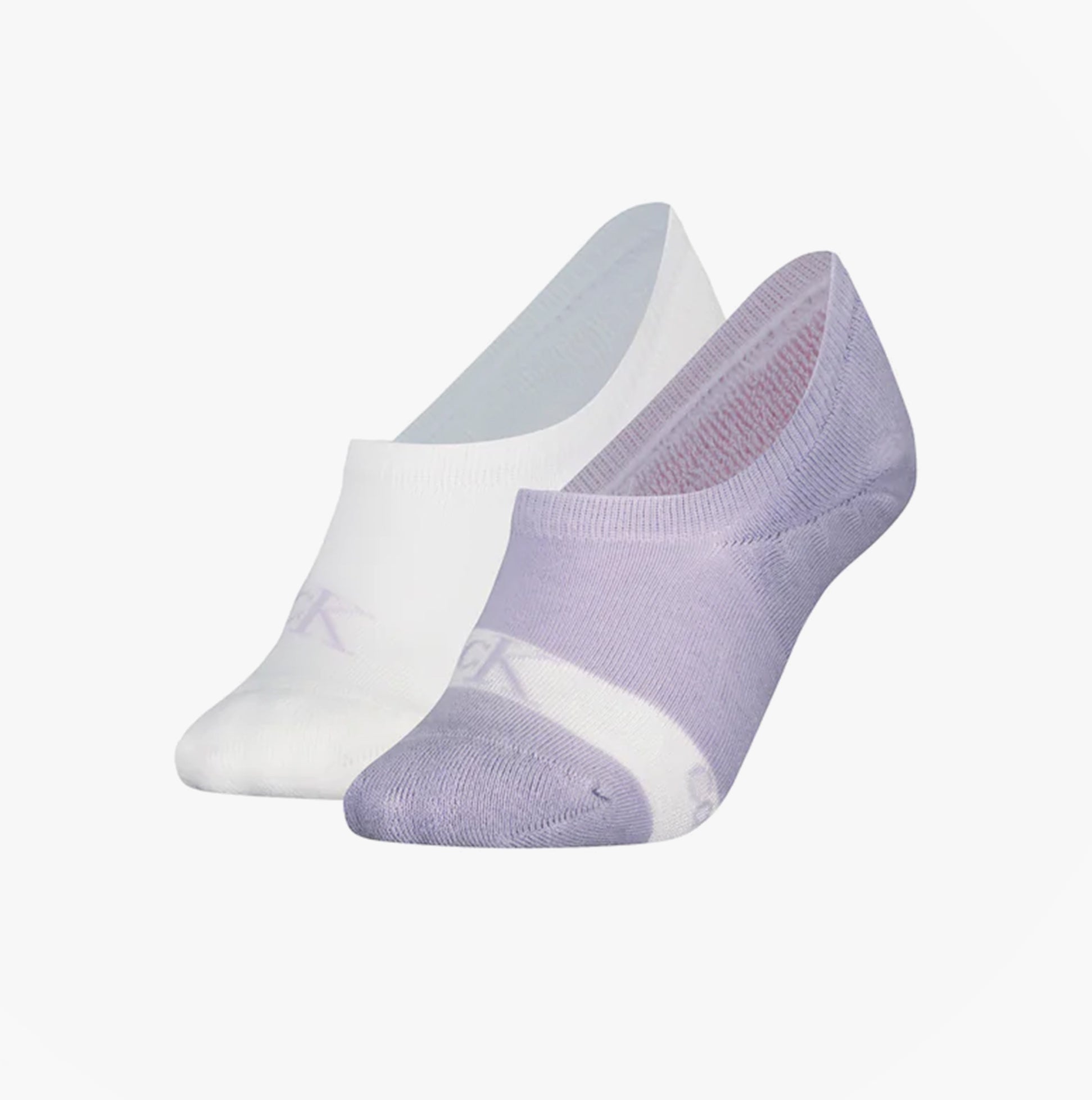 Calvin Klein 2 Pack Womens Invisible Socks Lilac/White front view showing lilac and white color options.