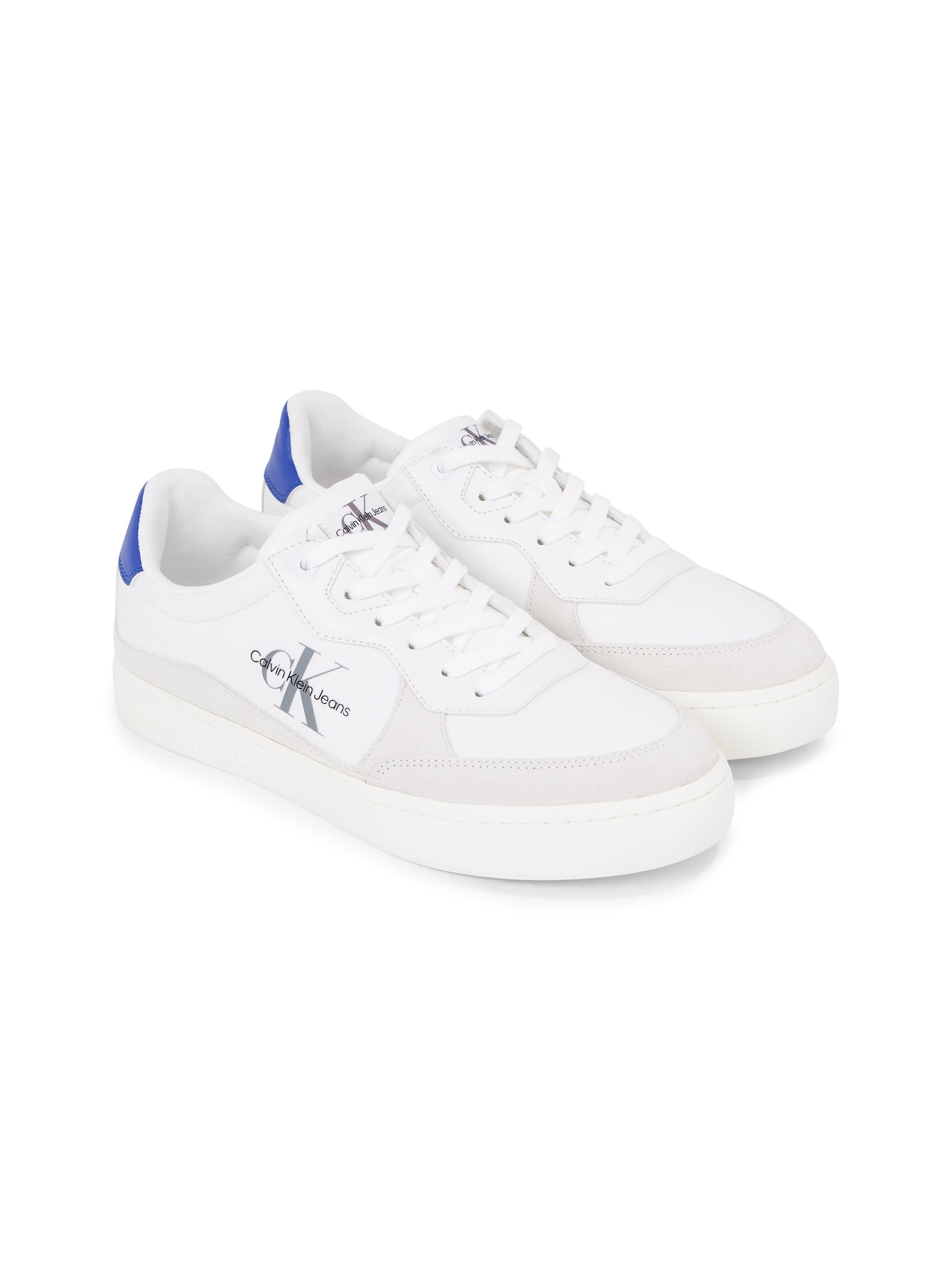 Calvin Klein CLASSIC CUPSOLE Mens Trainers Bright White/Sapphire Blue side view showing leather and suede upper.