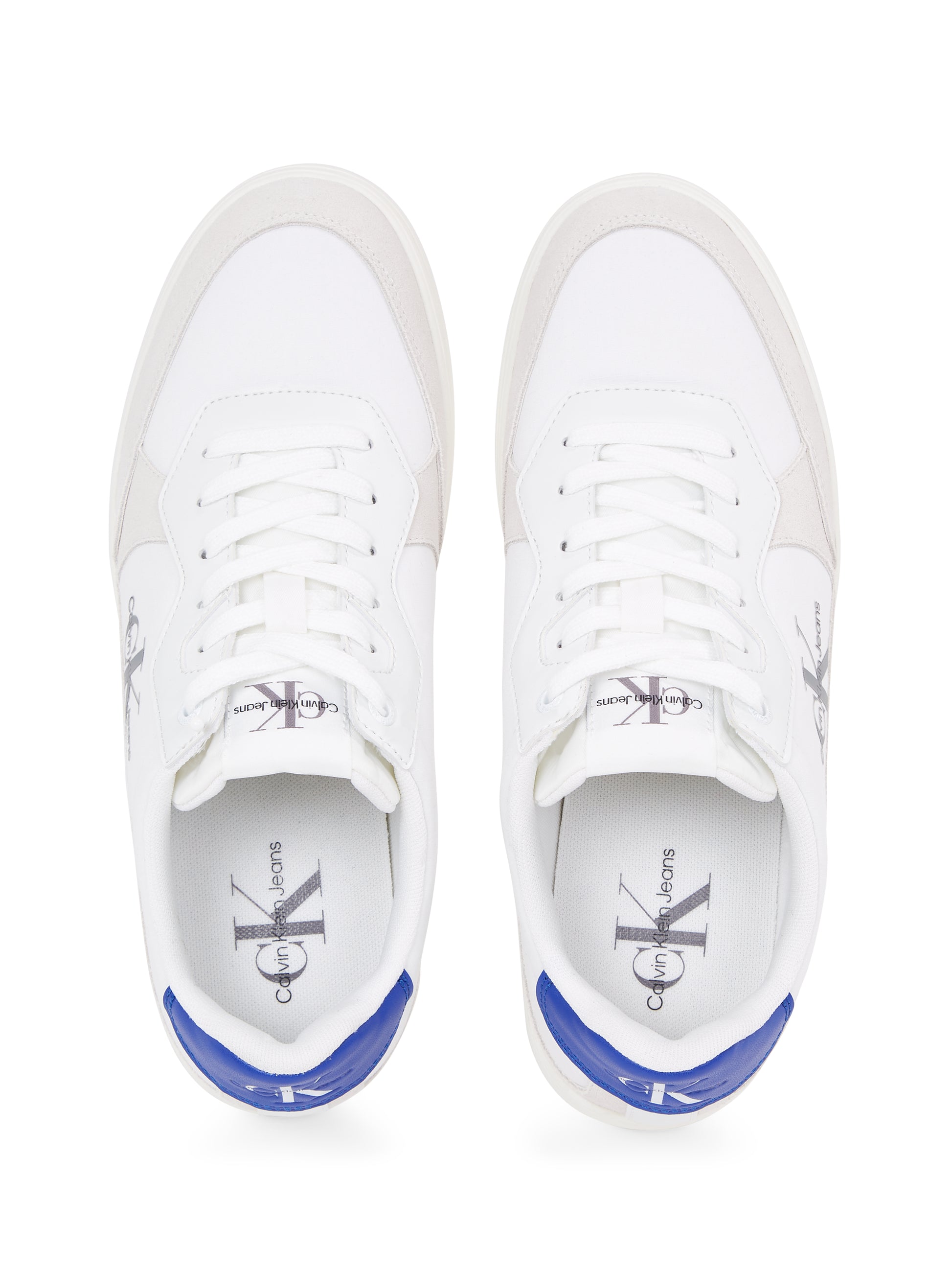 Calvin Klein CLASSIC CUPSOLE Mens Trainers Bright White/Sapphire Blue top view showing lace-up design and logo.
