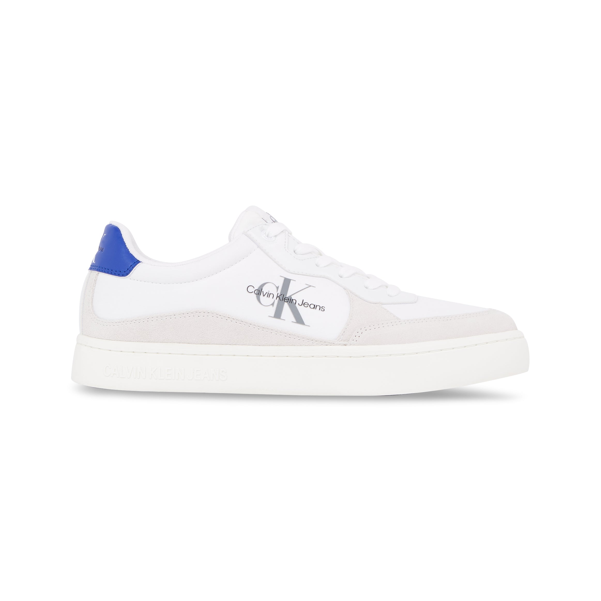 Calvin Klein CLASSIC CUPSOLE Mens Trainers Bright White/Sapphire Blue side view with lace-up closure and rubber sole.