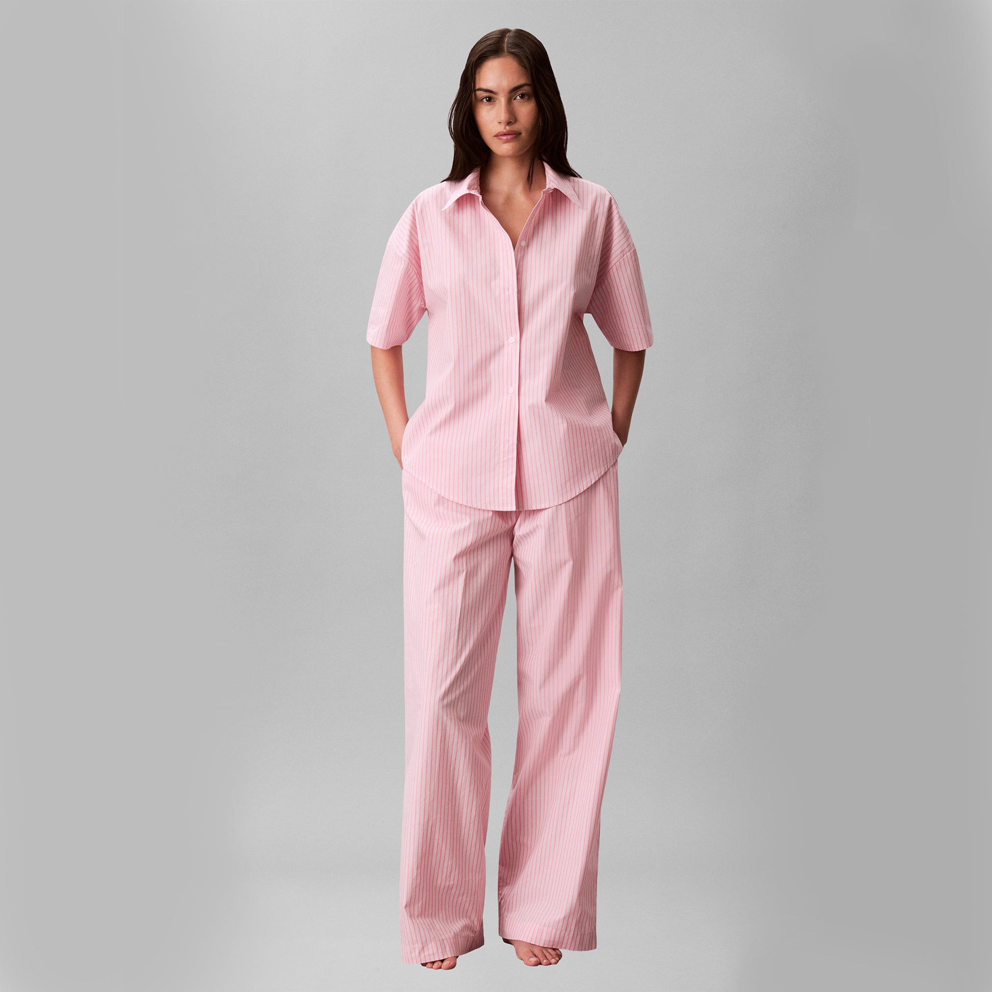 Calvin Klein SS SHIRT PANT Set Womens Pyjama Set Sera Stripe Cradle Pink