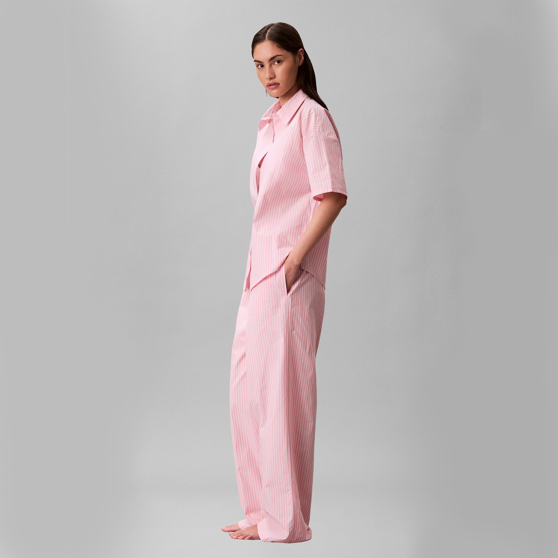Calvin Klein SS SHIRT PANT Set Womens Pyjama Set Sera Stripe Cradle Pink