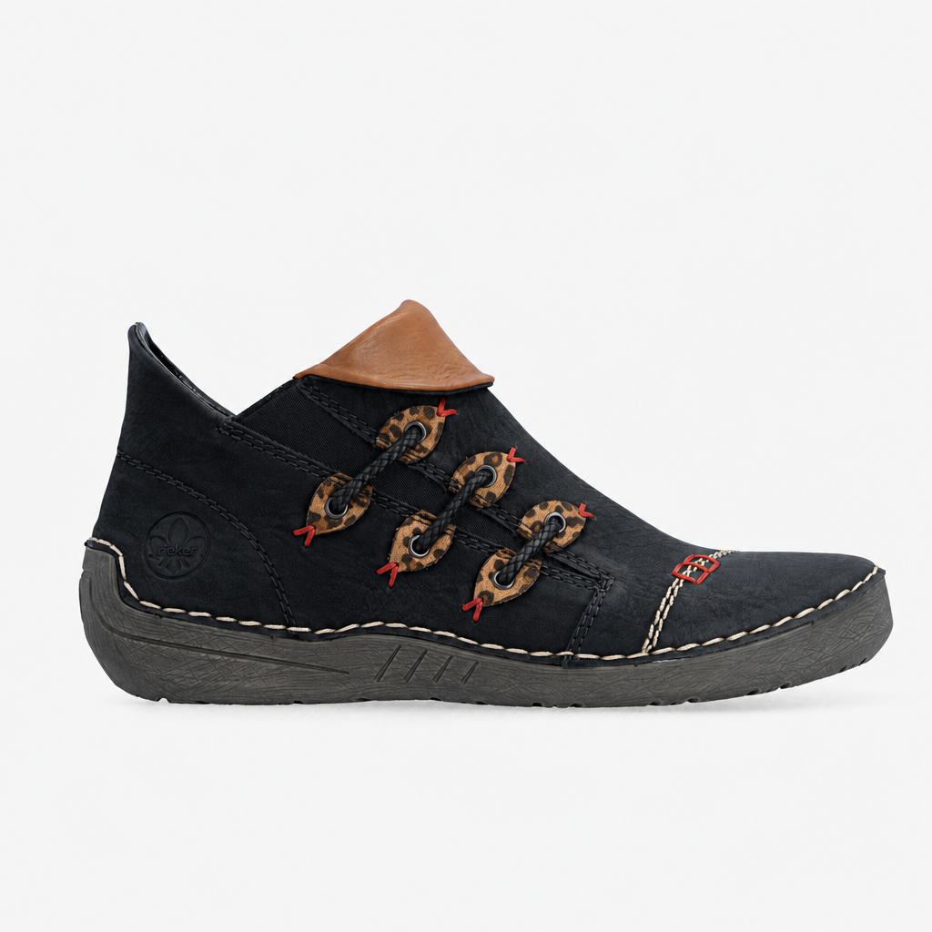 Rieker 72581 Womens Ankle Boots Black/Leopard-Nut/Cayenne