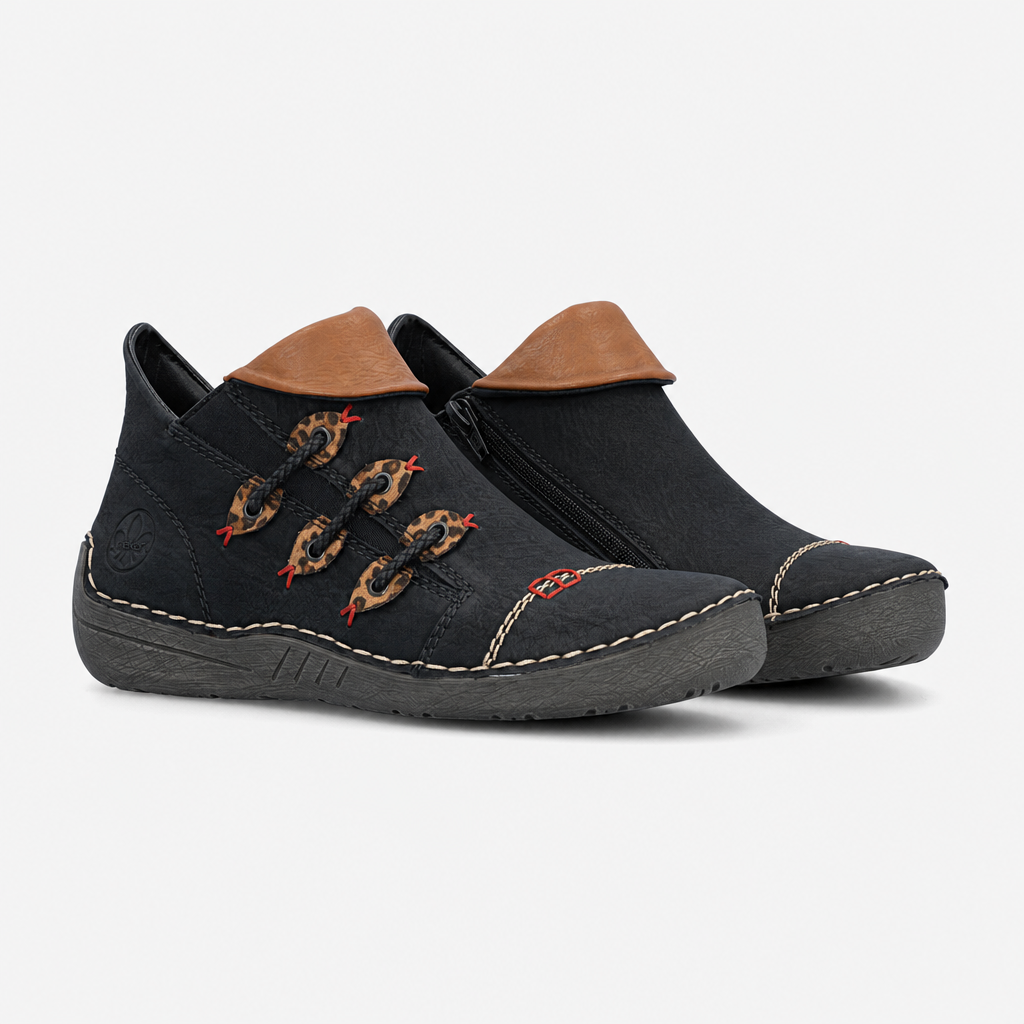 Rieker 72581 Womens Ankle Boots Black/Leopard-Nut/Cayenne