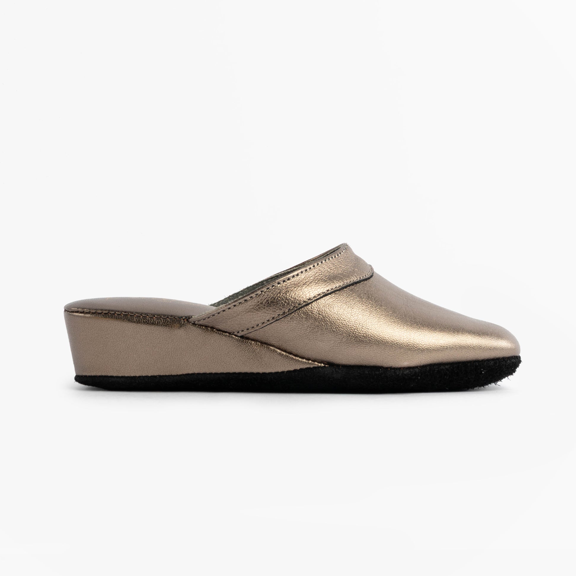 Chaleur FLORENCE Womens Mules Slippers in Gold, side profile view showing metallic finish and sleek design