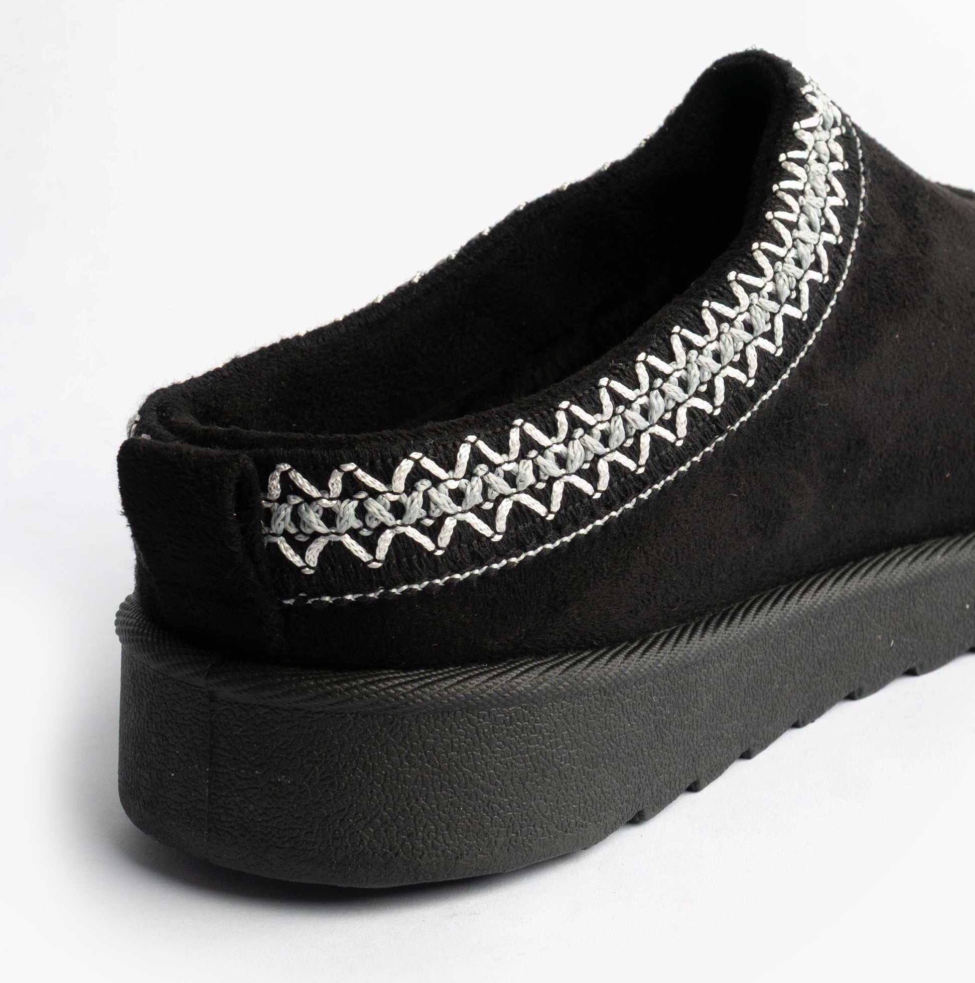 Cipriata DANA Womens Mules Slippers Black rear view with decorative stitching and black sole.