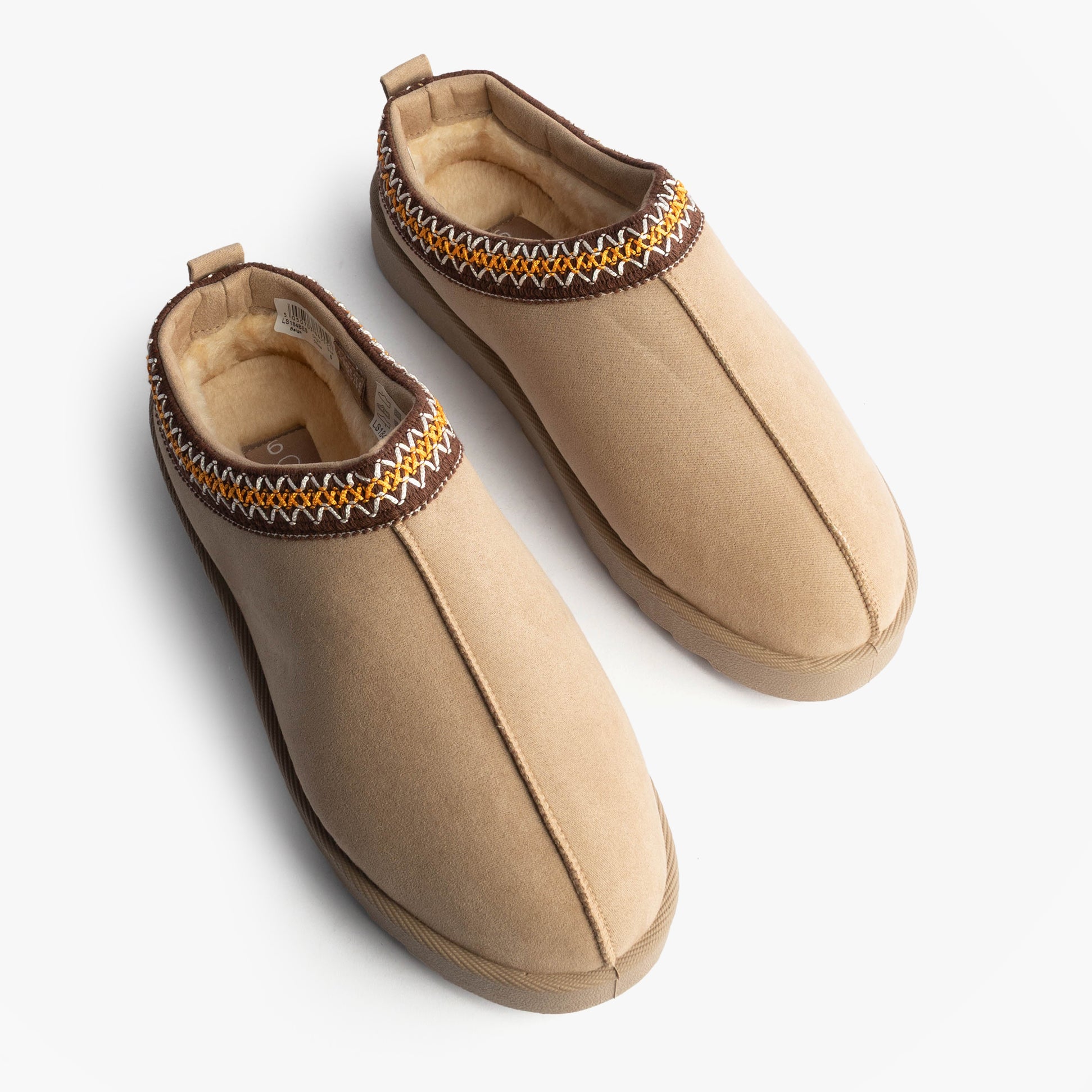 Cipriata DANA Womens Mules Slippers Beige top view showcasing suede upper with faux fur lining and detailed embroidery.