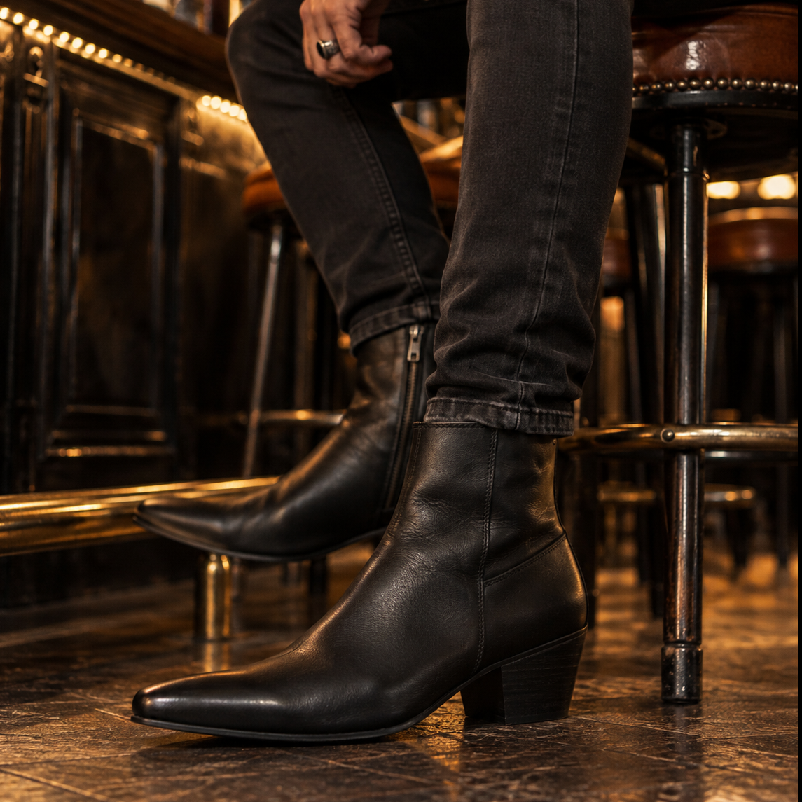 Club Cubano LENNON Mens Leather Winklepicker Cuban Heel Boots Black