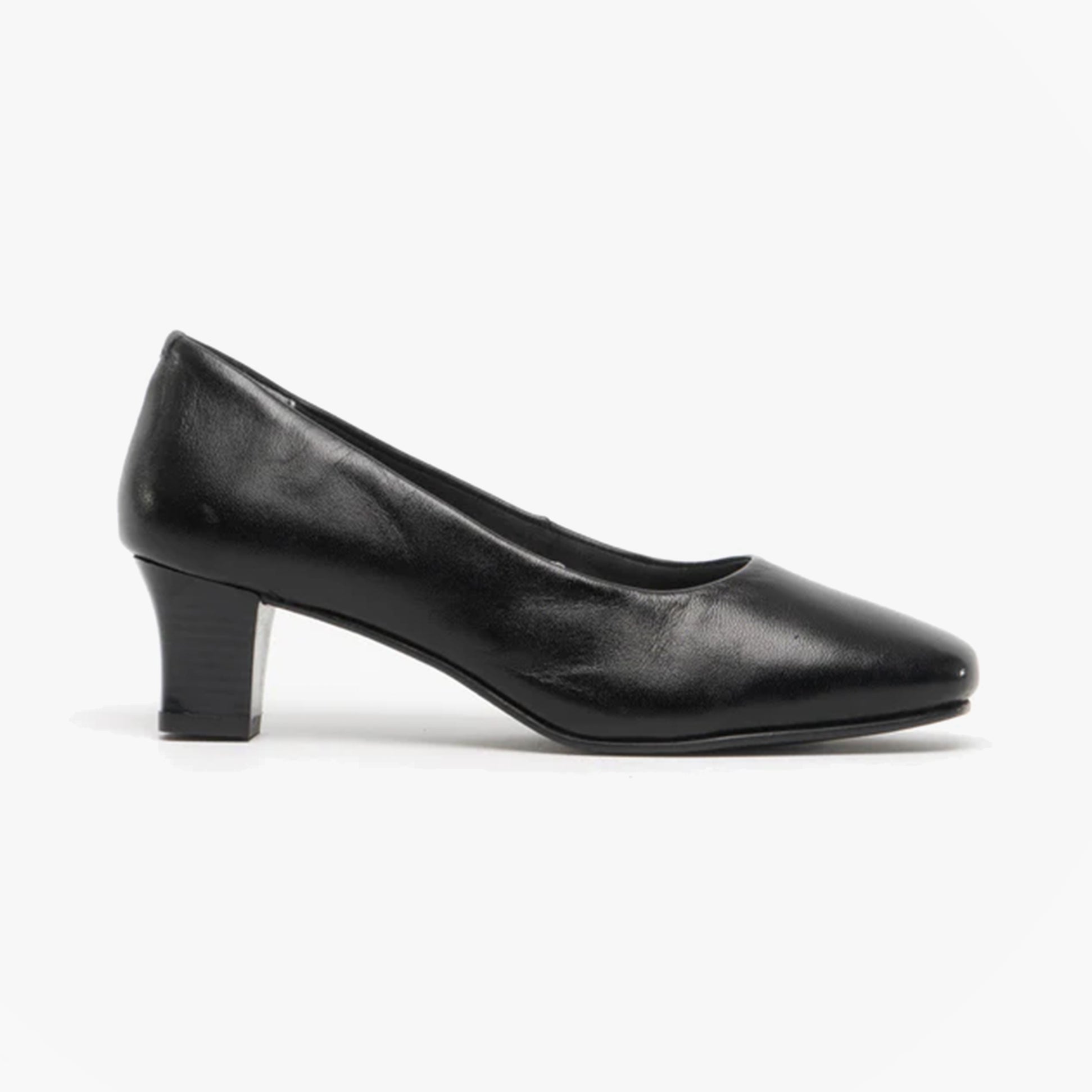 Comfort Plus KARLY Womens Court Shoes Black, side view showing synthetic leather upper and block heel.